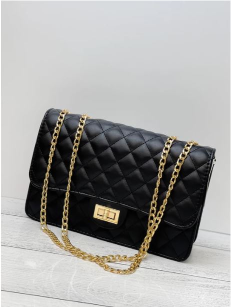 Black Quilted Crossbody Bag with Gold Chain