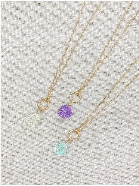 Pressed Flower Pendant Necklace in White, Purple, and Blue