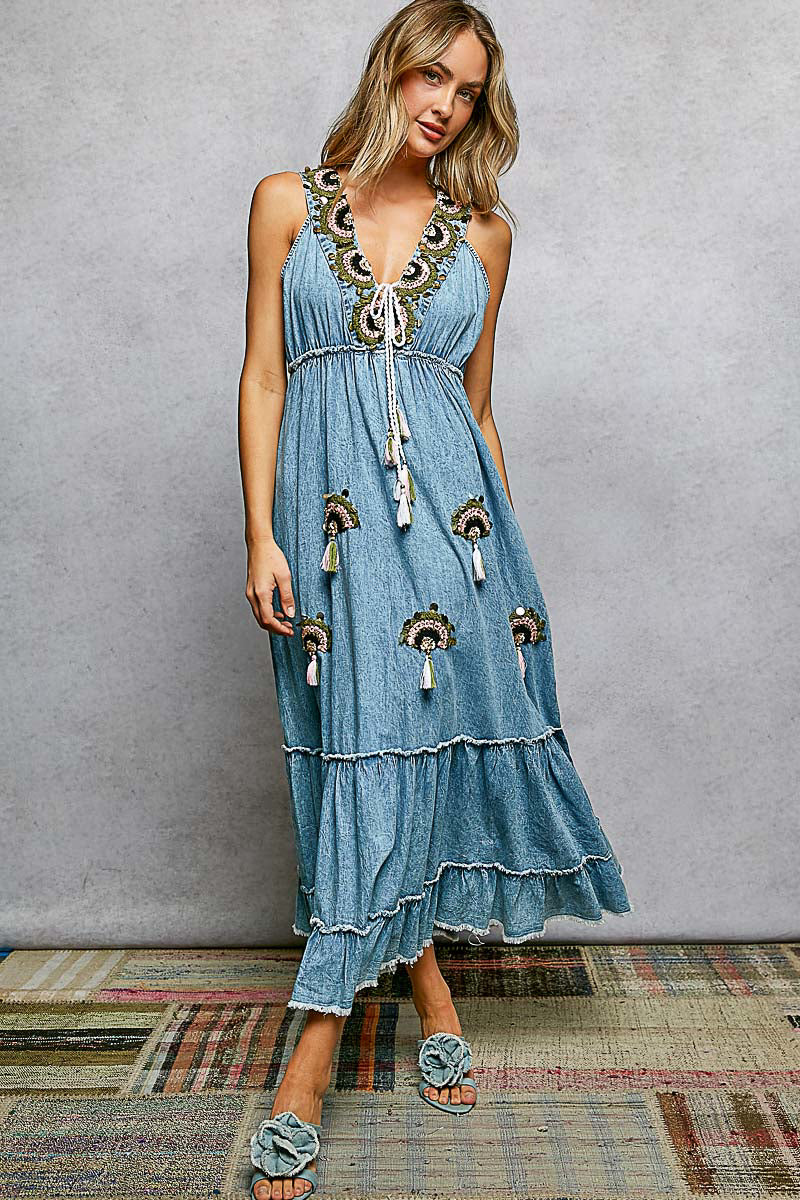 Denim Tassel Maxi Dress by POL Large