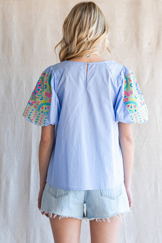 Embroidered Balloon Sleeve Blouse - Powder Blue