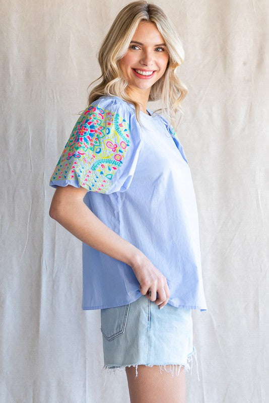 Embroidered Balloon Sleeve Blouse - Powder Blue