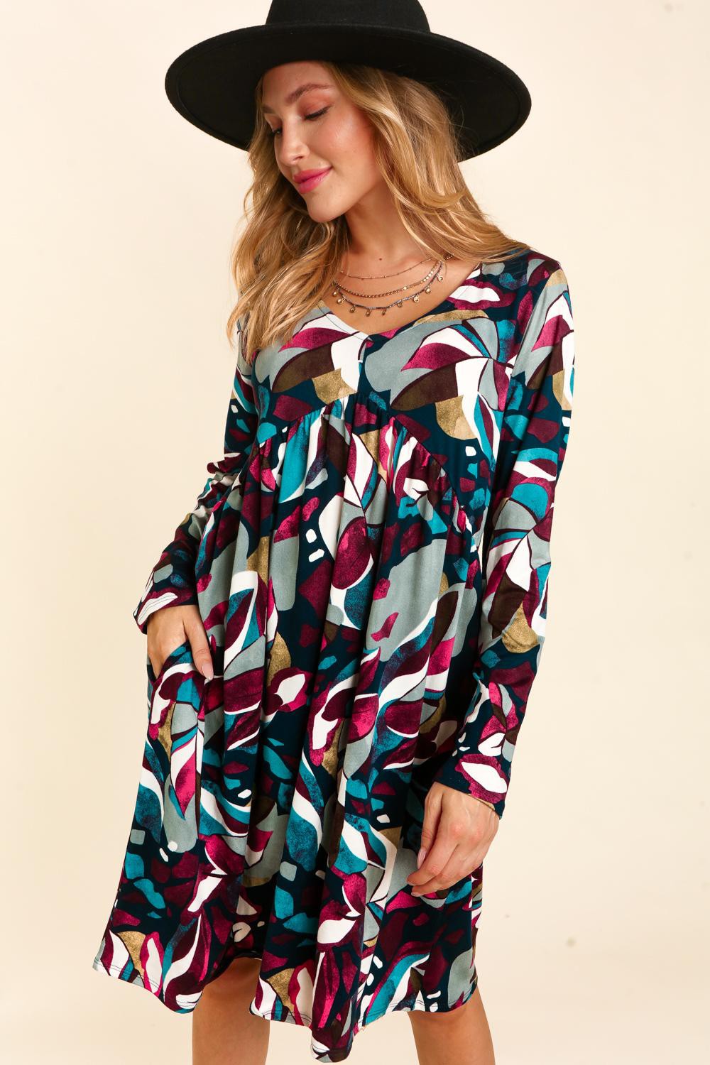 Kailey Abstract Long Sleeve Babydoll Dress - Navy/Plum