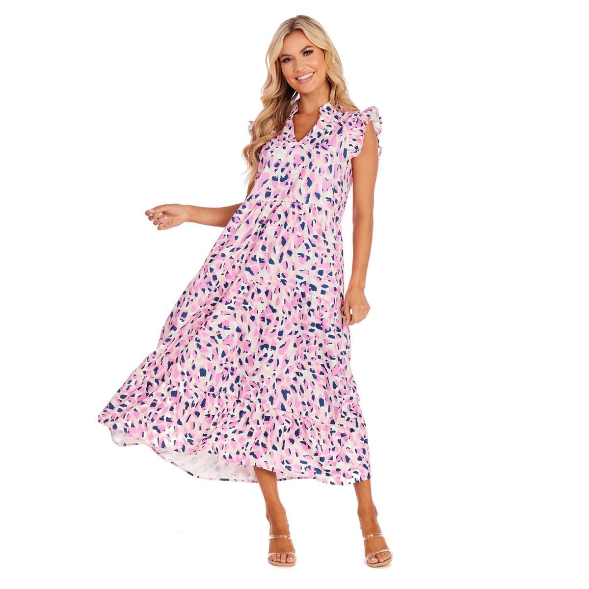 Adair Abstract Tiered Maxi Dress by Mud Pie - Pink Dot