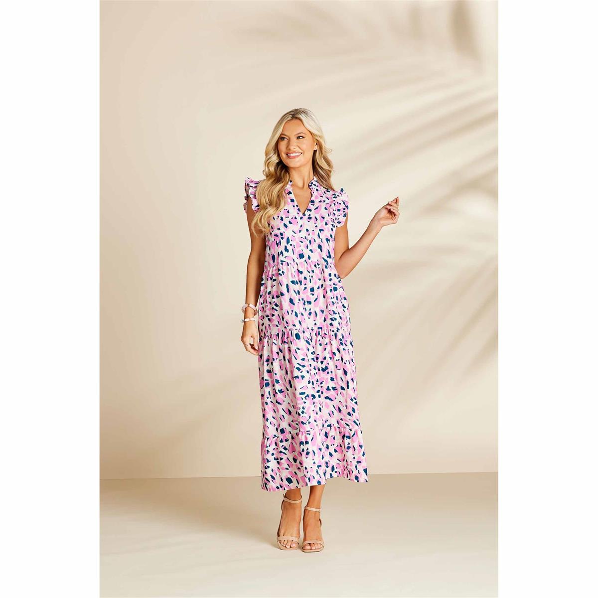 Adair Abstract Tiered Maxi Dress by Mud Pie - Pink Dot