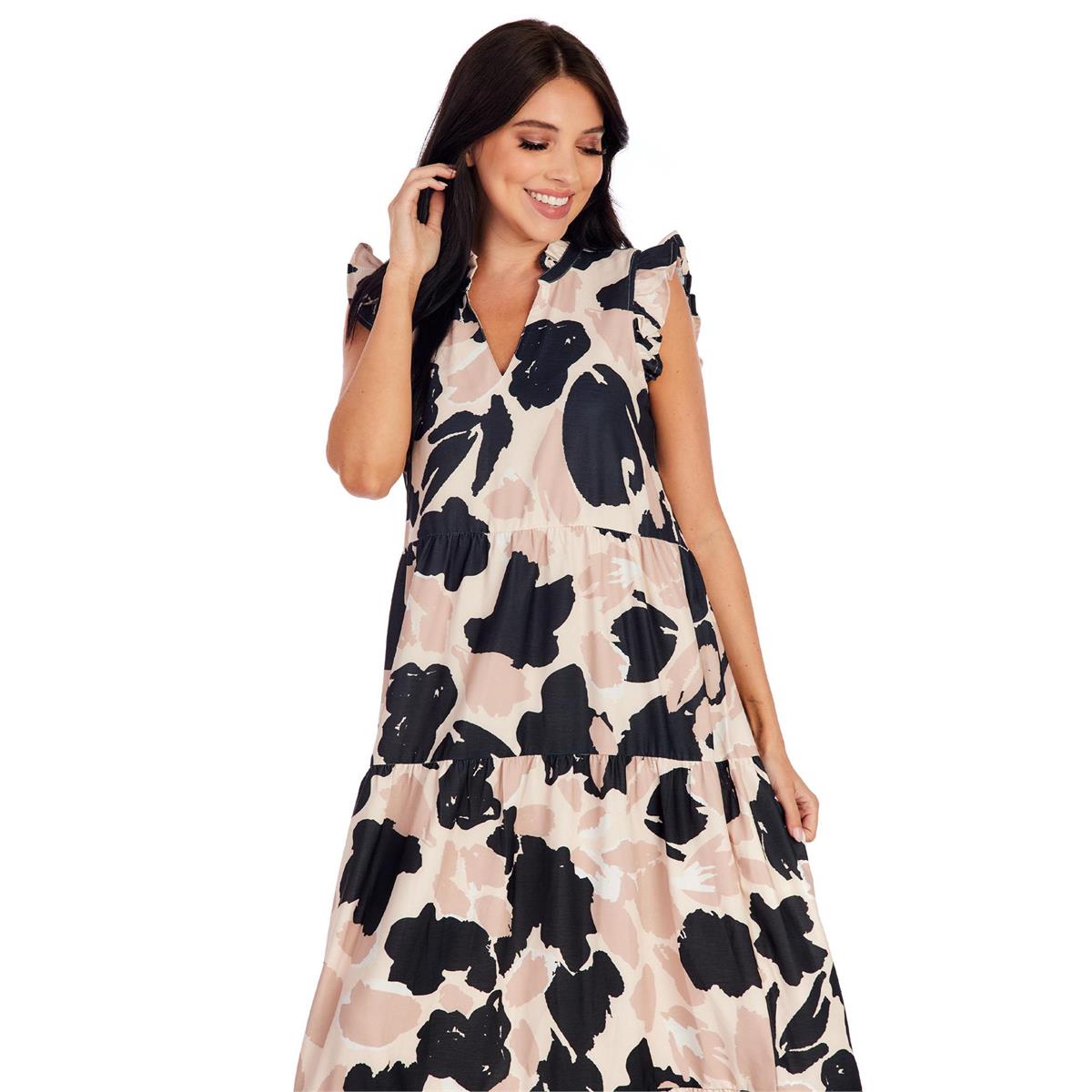 Adair Abstract Tiered Maxi Dress by Mud Pie - Black & Tan