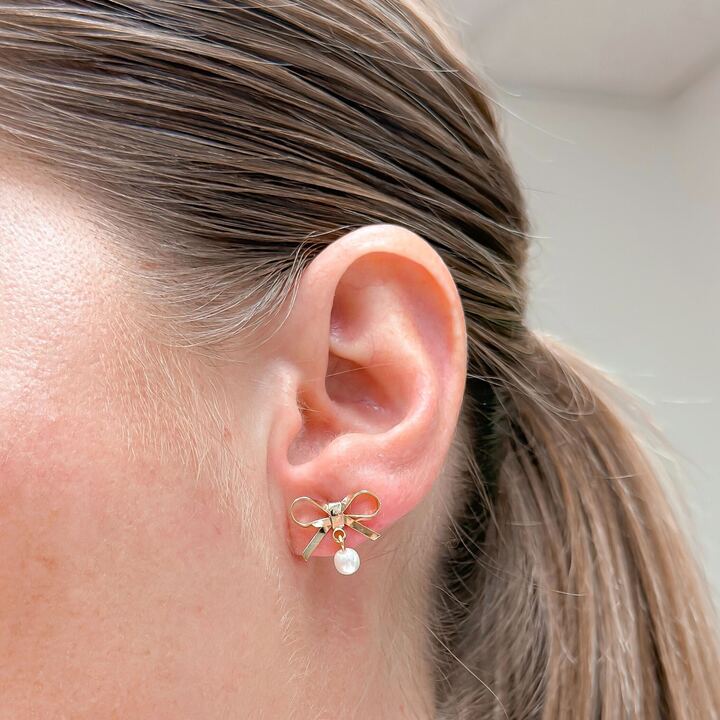 Bow & Pearl Stud Earrings - Gold