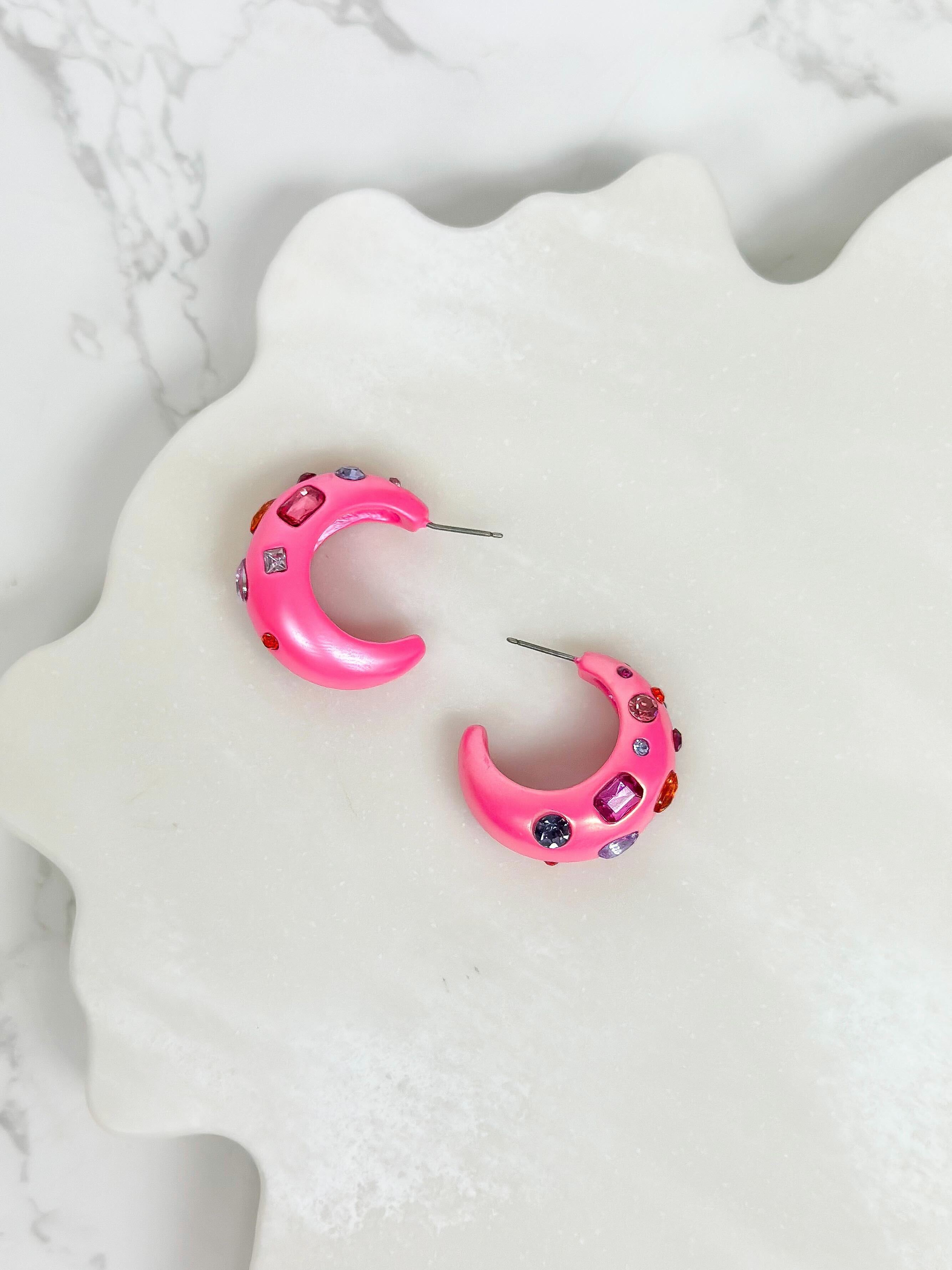 Chunky Rhinestone Bauble Hoop Earrings - Pink