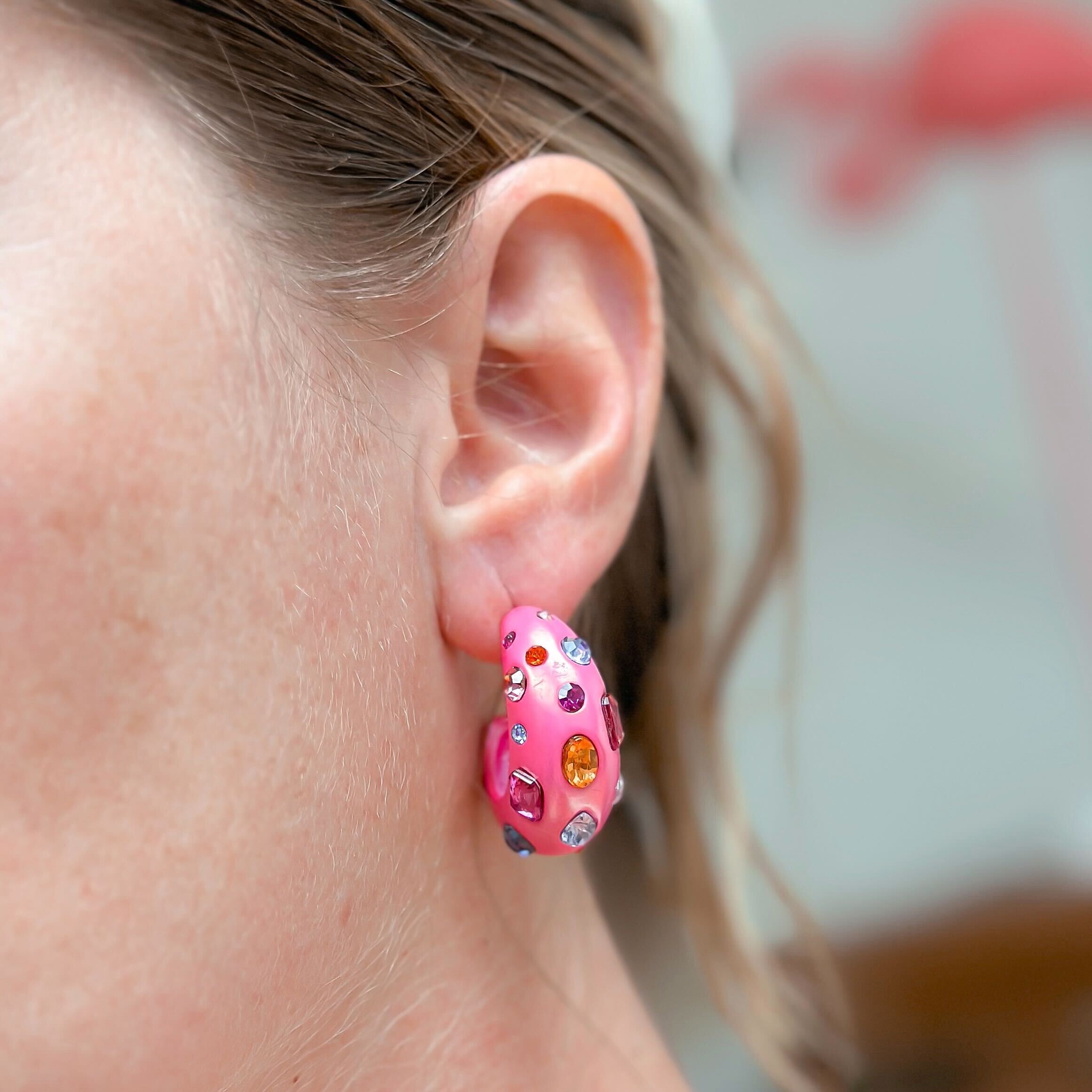 Chunky Rhinestone Bauble Hoop Earrings - Pink