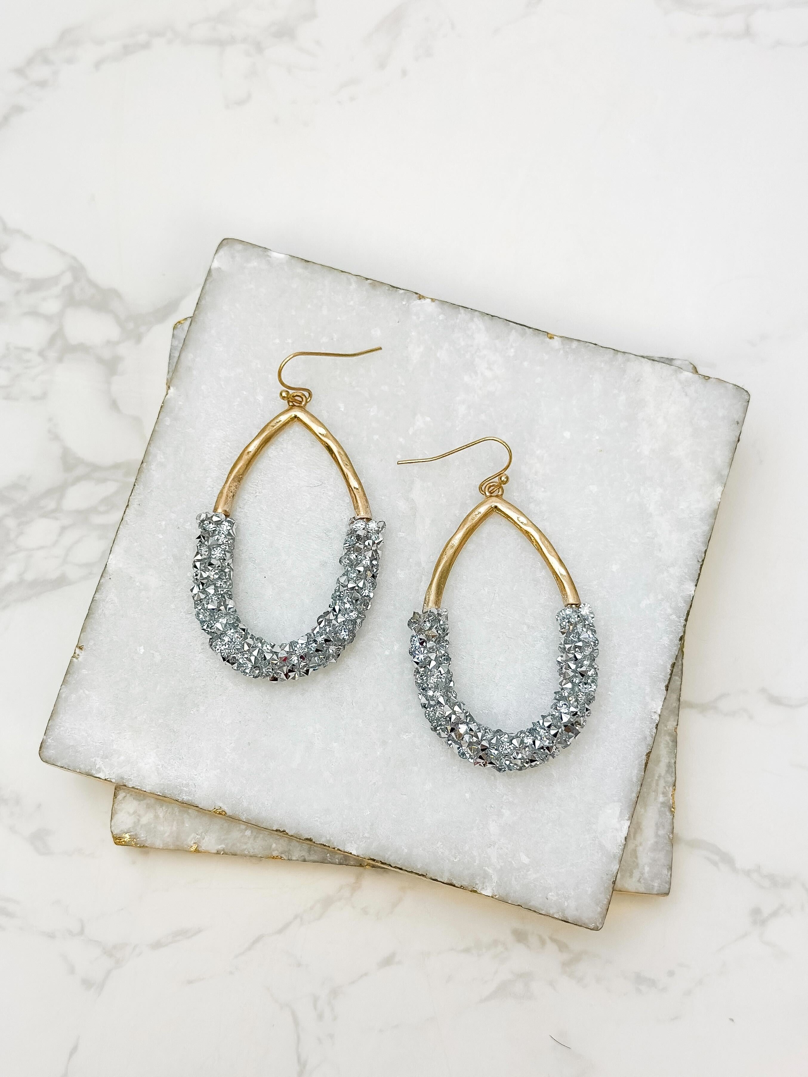 Crystal Encrusted Gold Teardrop Dangle Earrings - Silver
