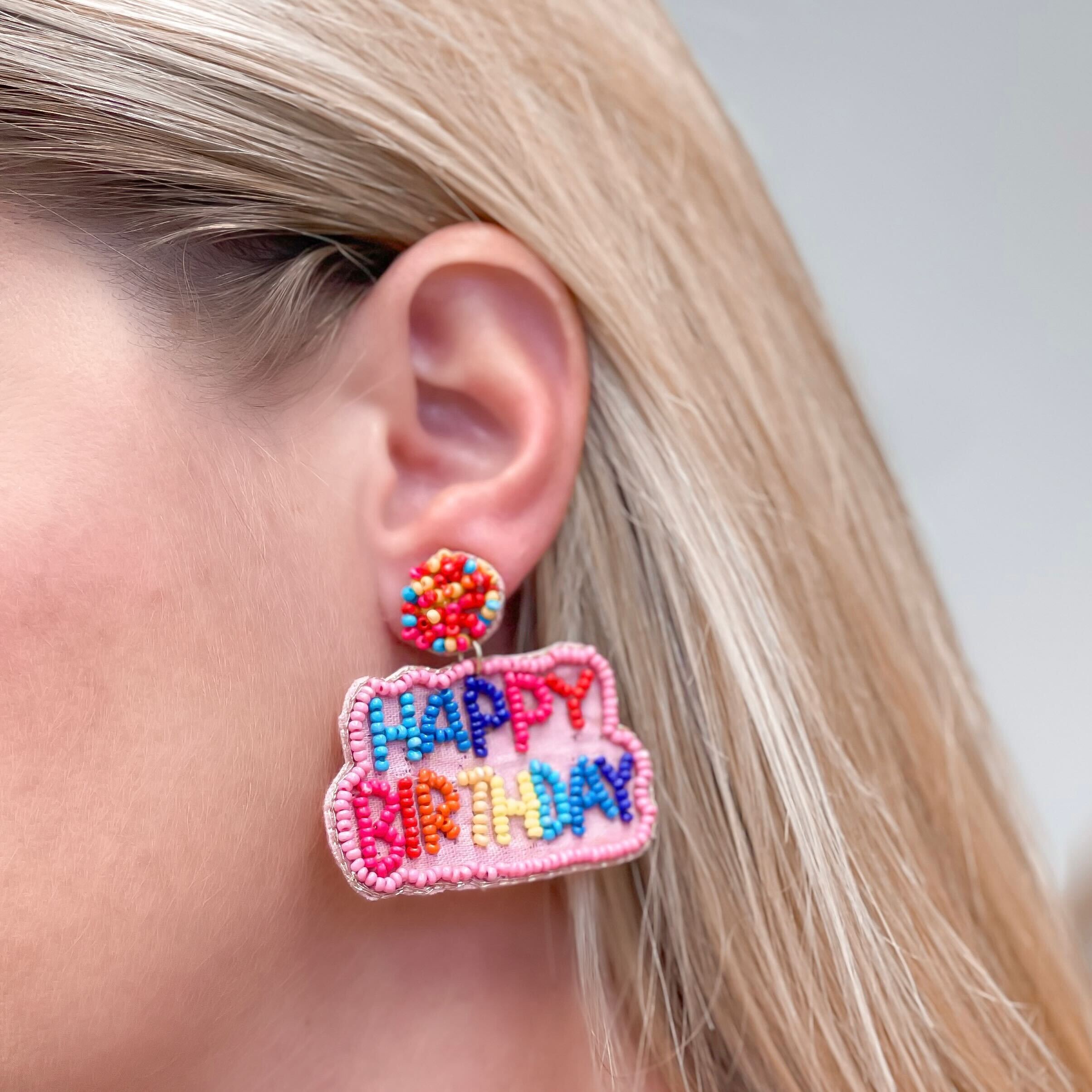 'Happy Birthday' Seed Bead Embroidered Dangle Earrings