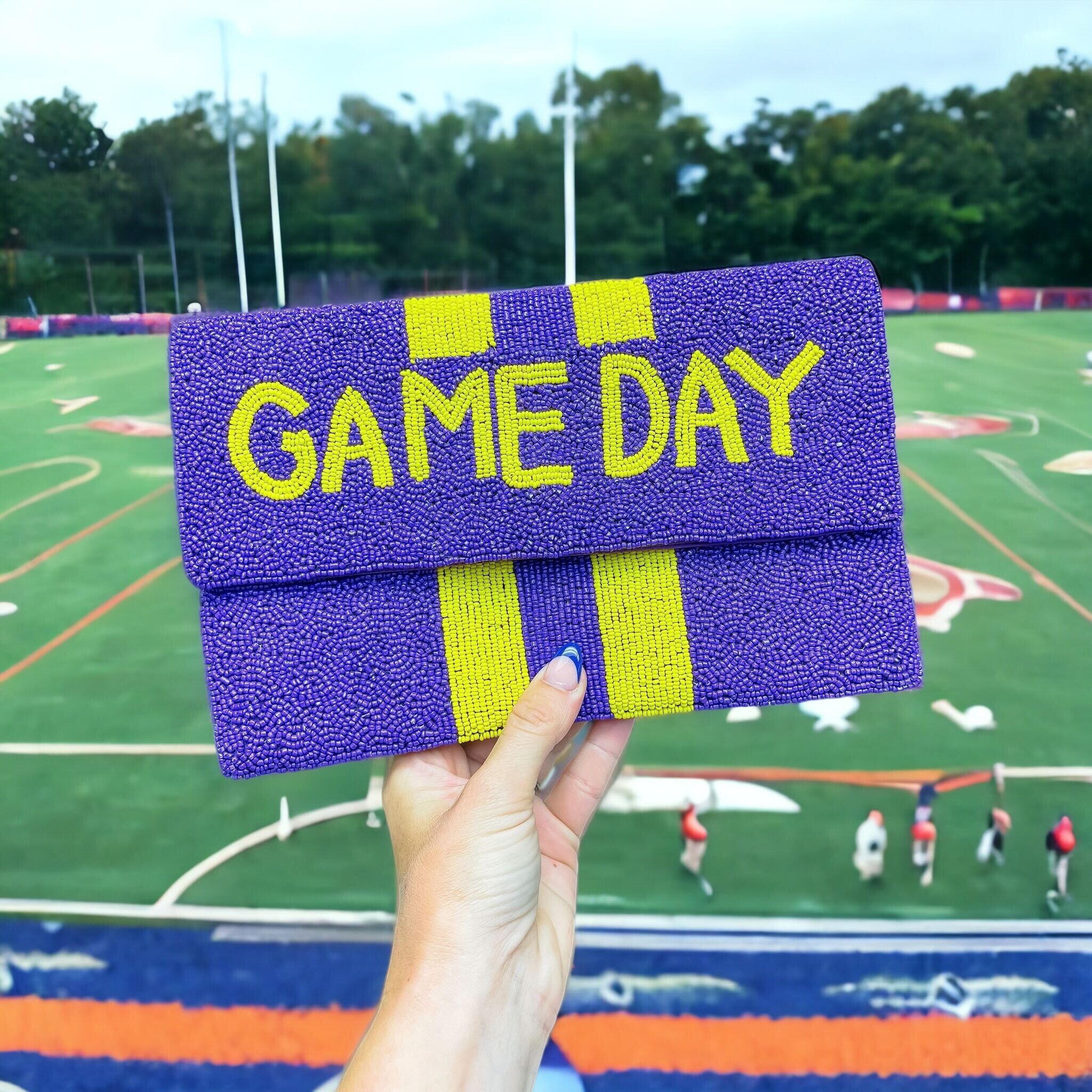 'Game Day' Beaded Clutch & Convertible Crossbody - Purple & Yellow