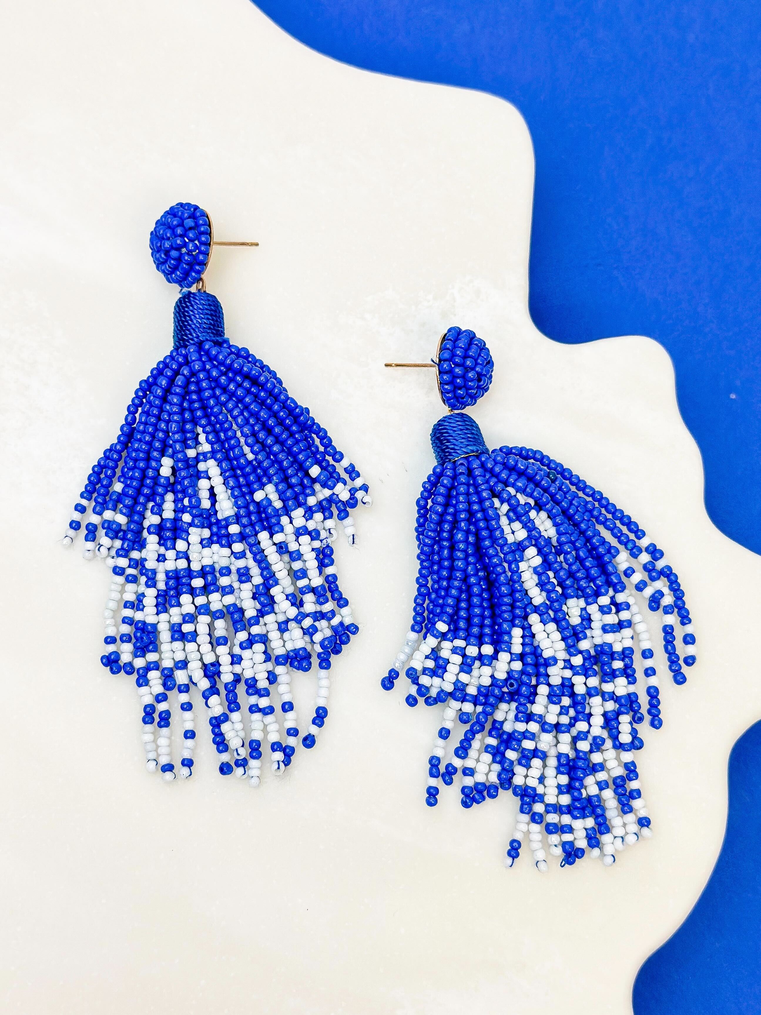 Blue & White Fringe Dangle Earrings