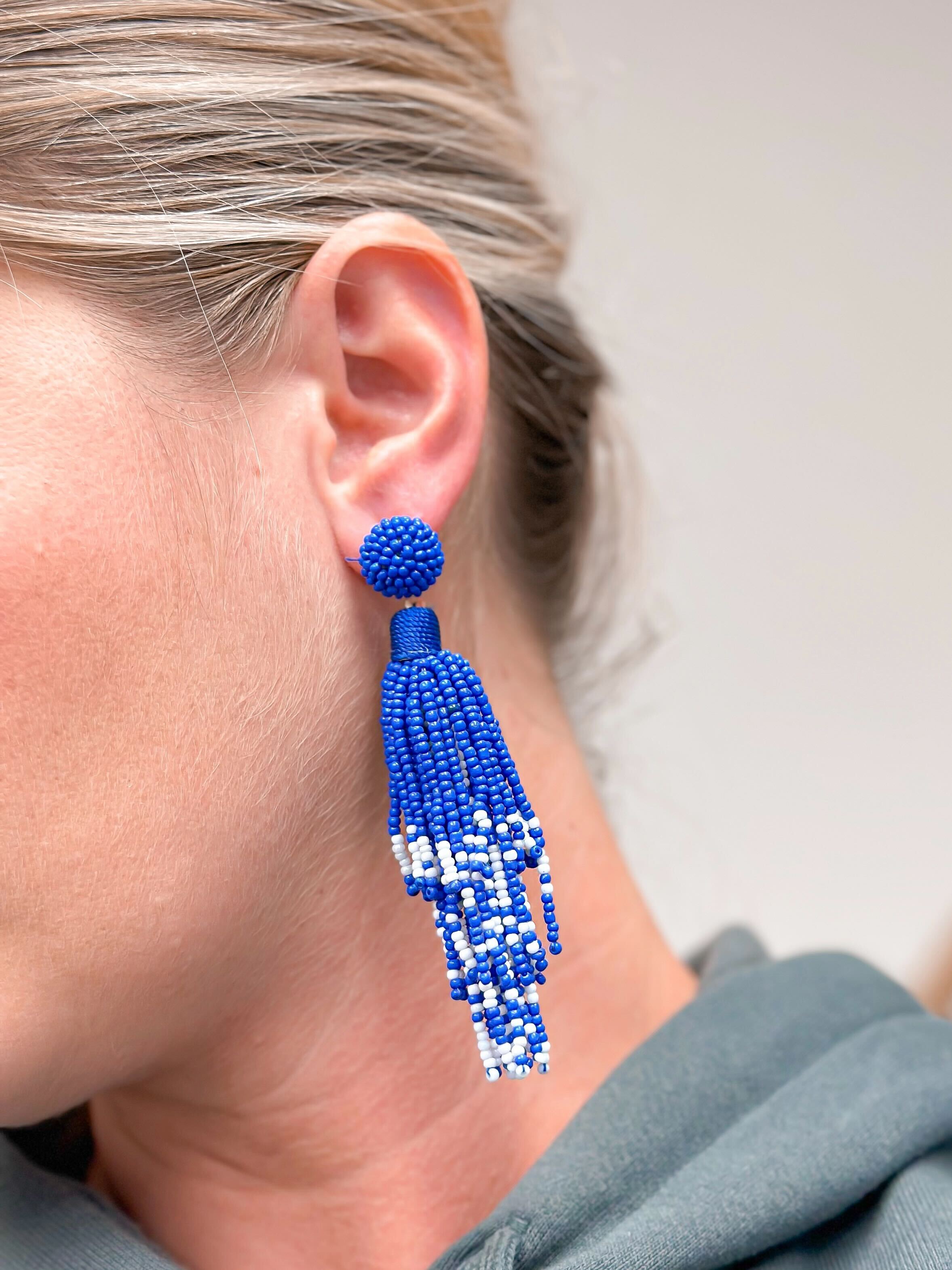 Blue & White Fringe Dangle Earrings