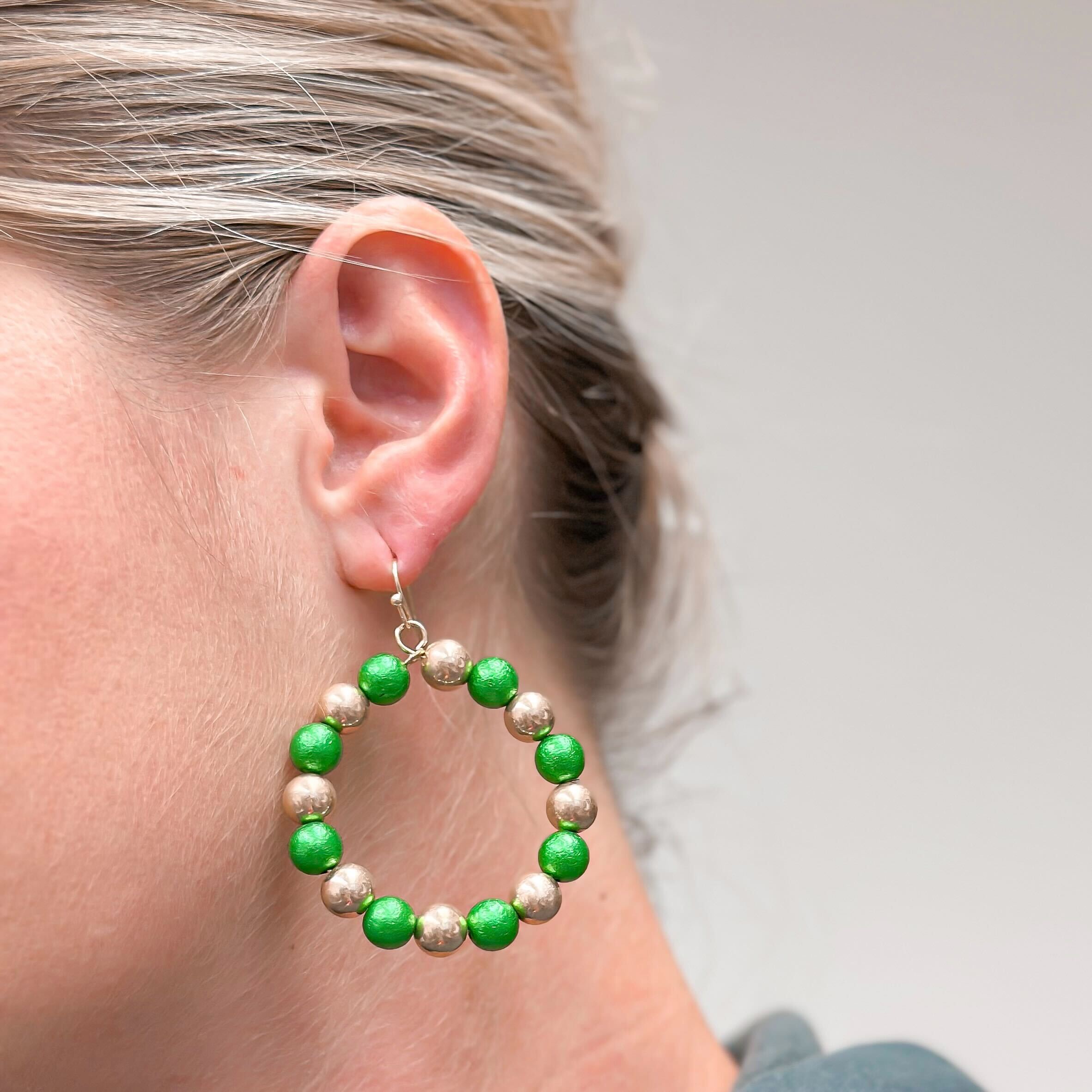 Round Holiday Beaded Dangle Earrings - Green