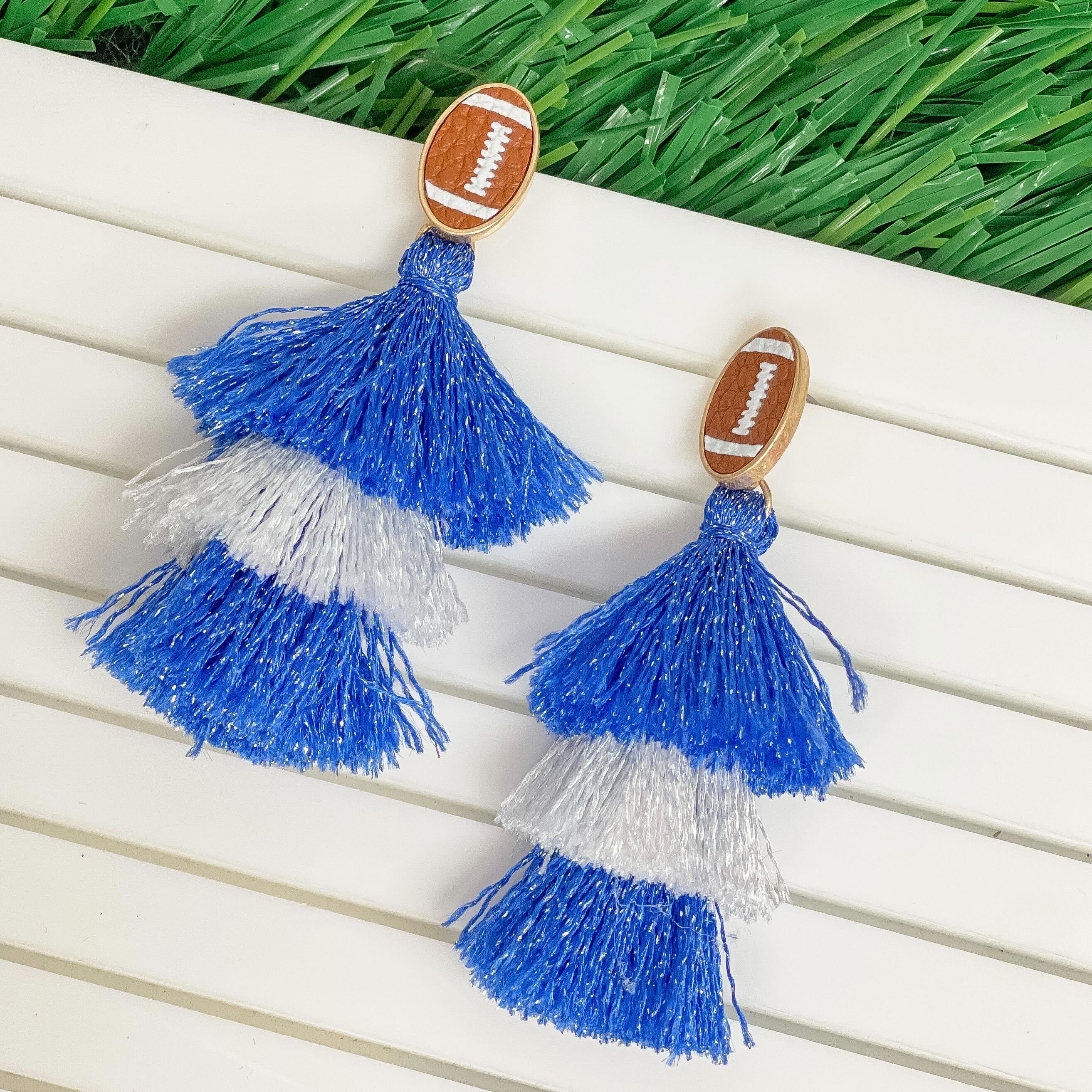 Football Tiered Glitter Tassel Dangle Earrings - Blue & White