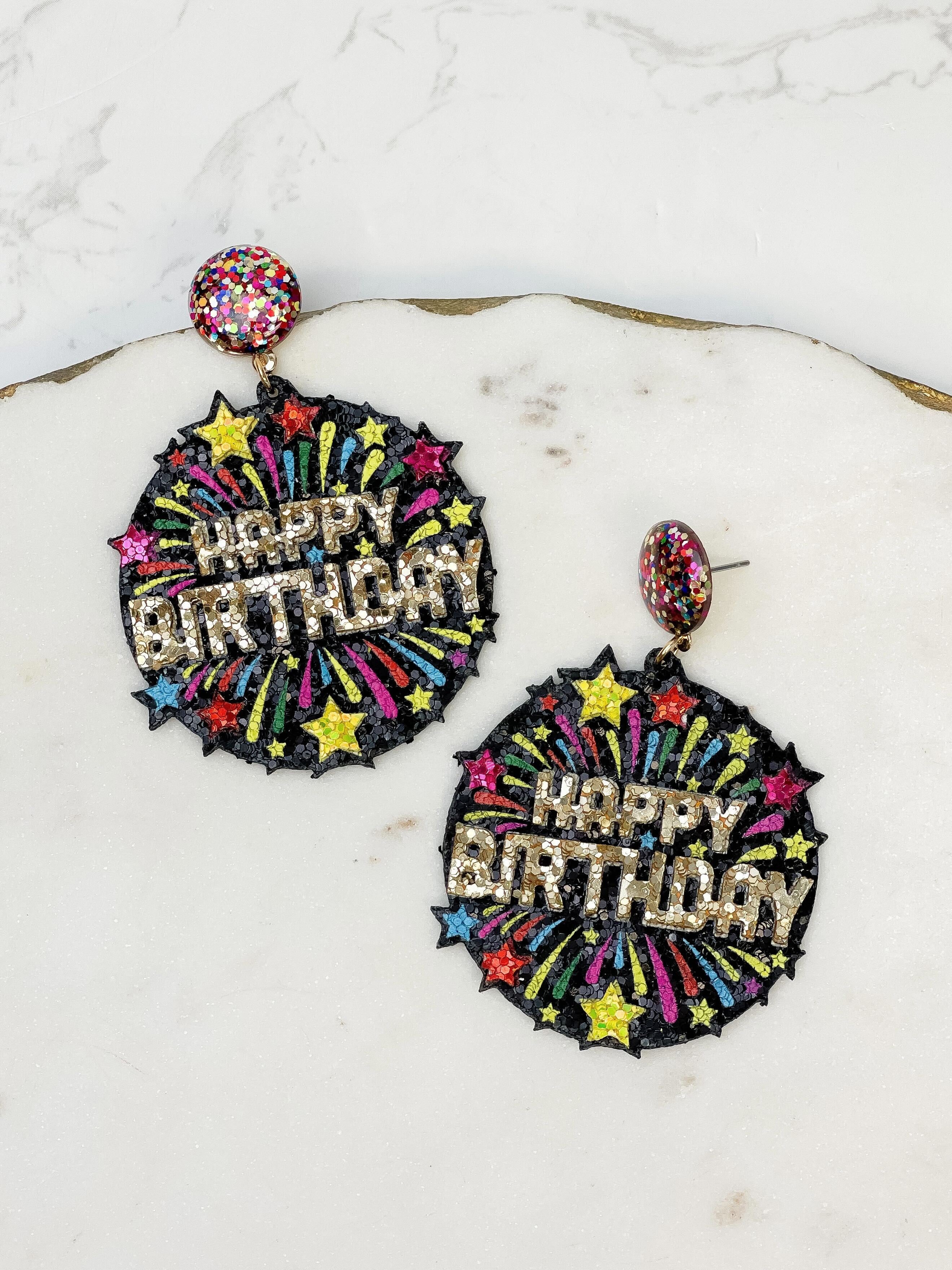 'Happy Birthday' Fireworks Glitter Dangle Earrings