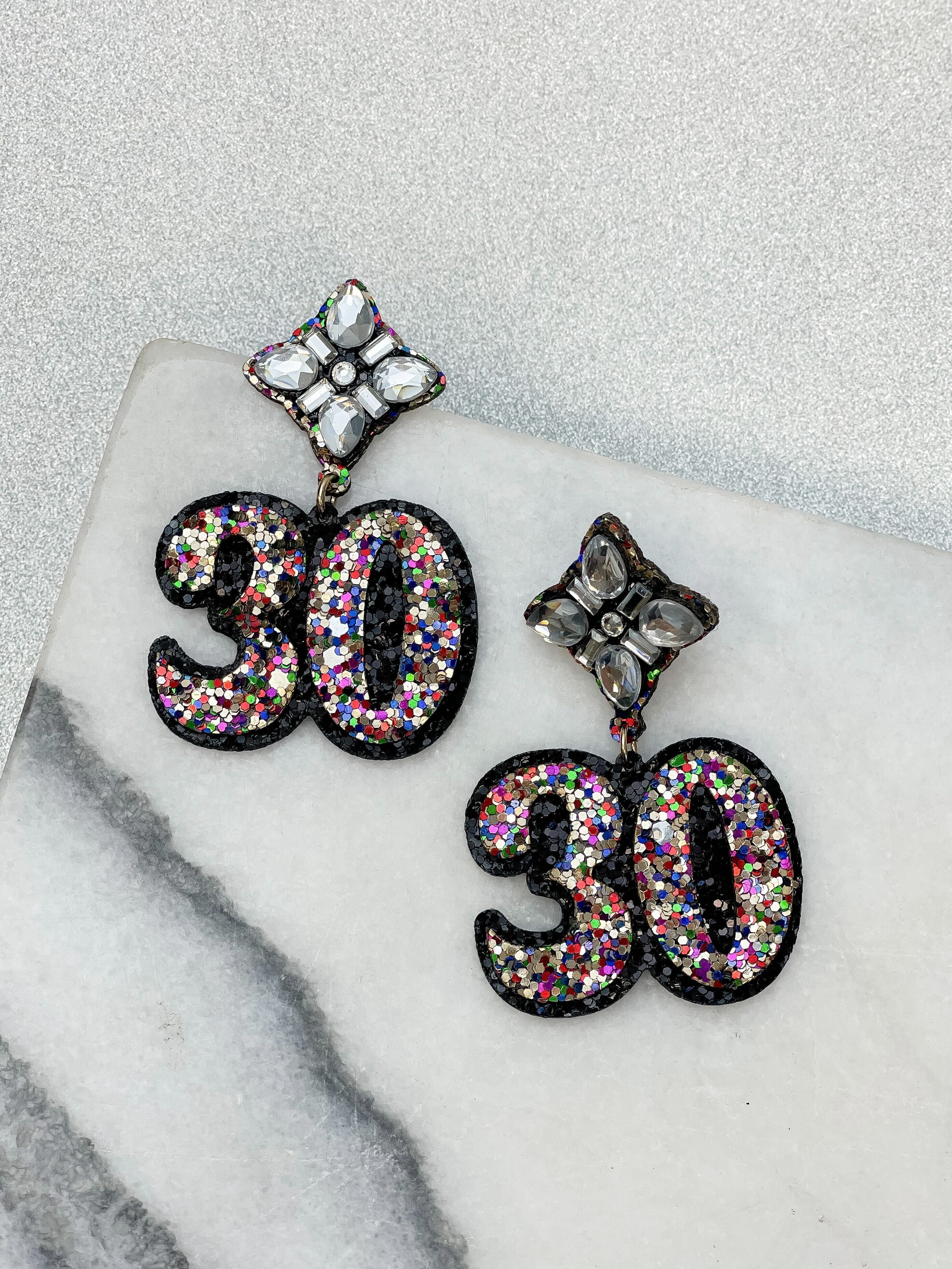 30th Birthday Glitter & Rhinestone Dangle Earrings
