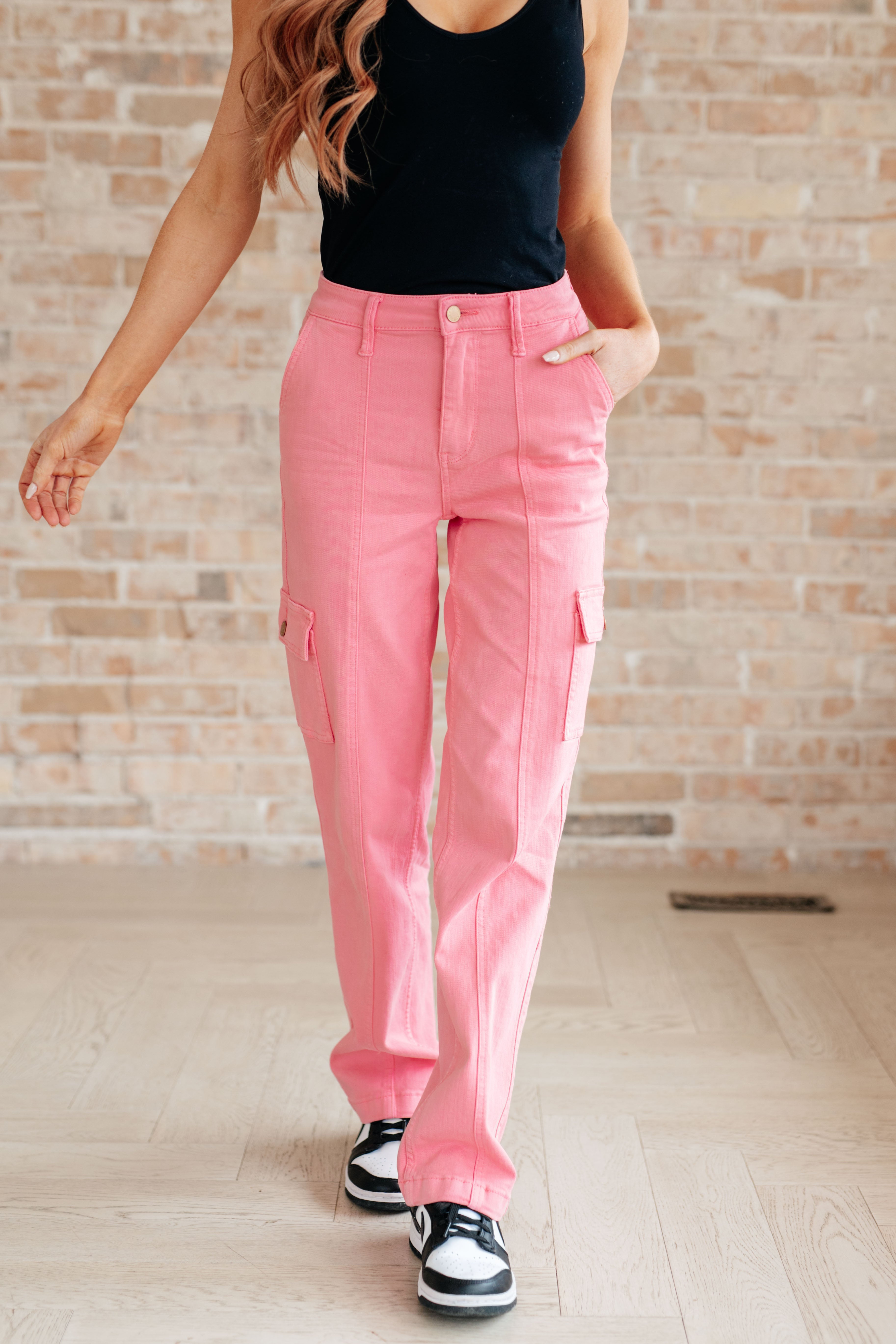 Peggy High Rise Cargo Straight Jeans by Judy Blue in Pink