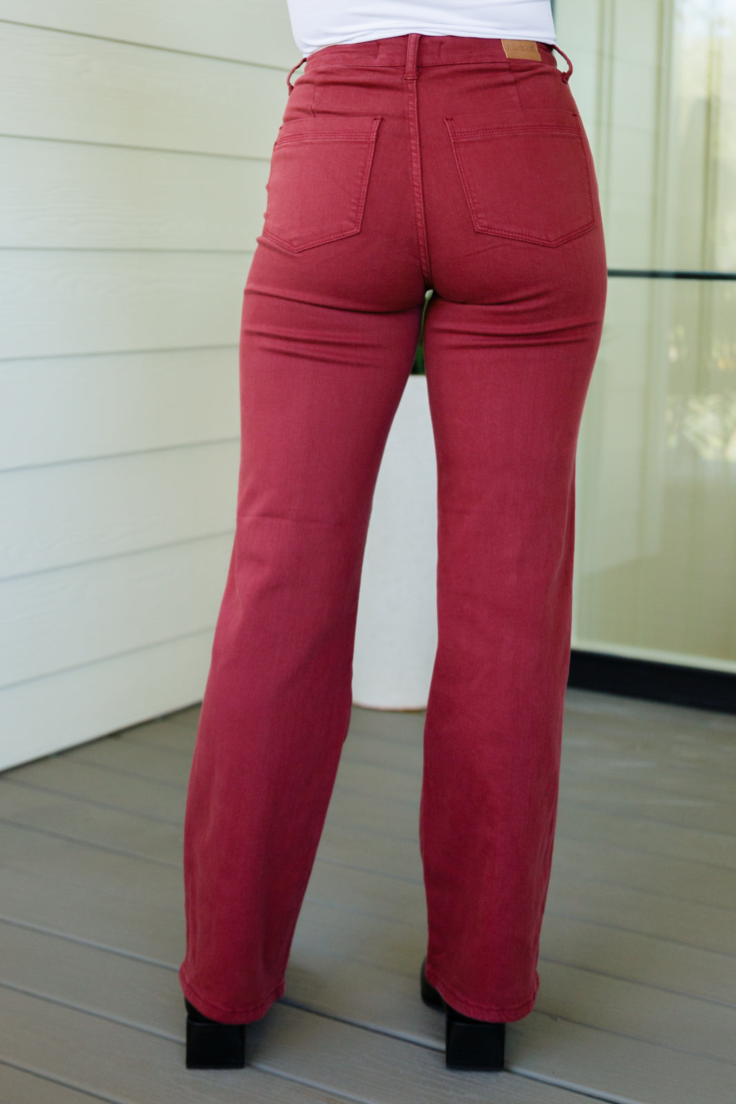 Phoebe High Rise Front Seam Straight Jeans in Burgundy by Judy Blue