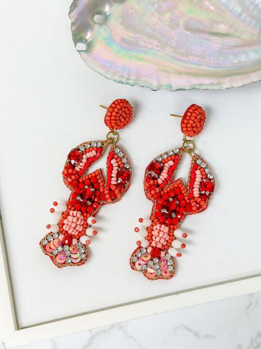 Red Lobster Beaded Dangle Earrings
