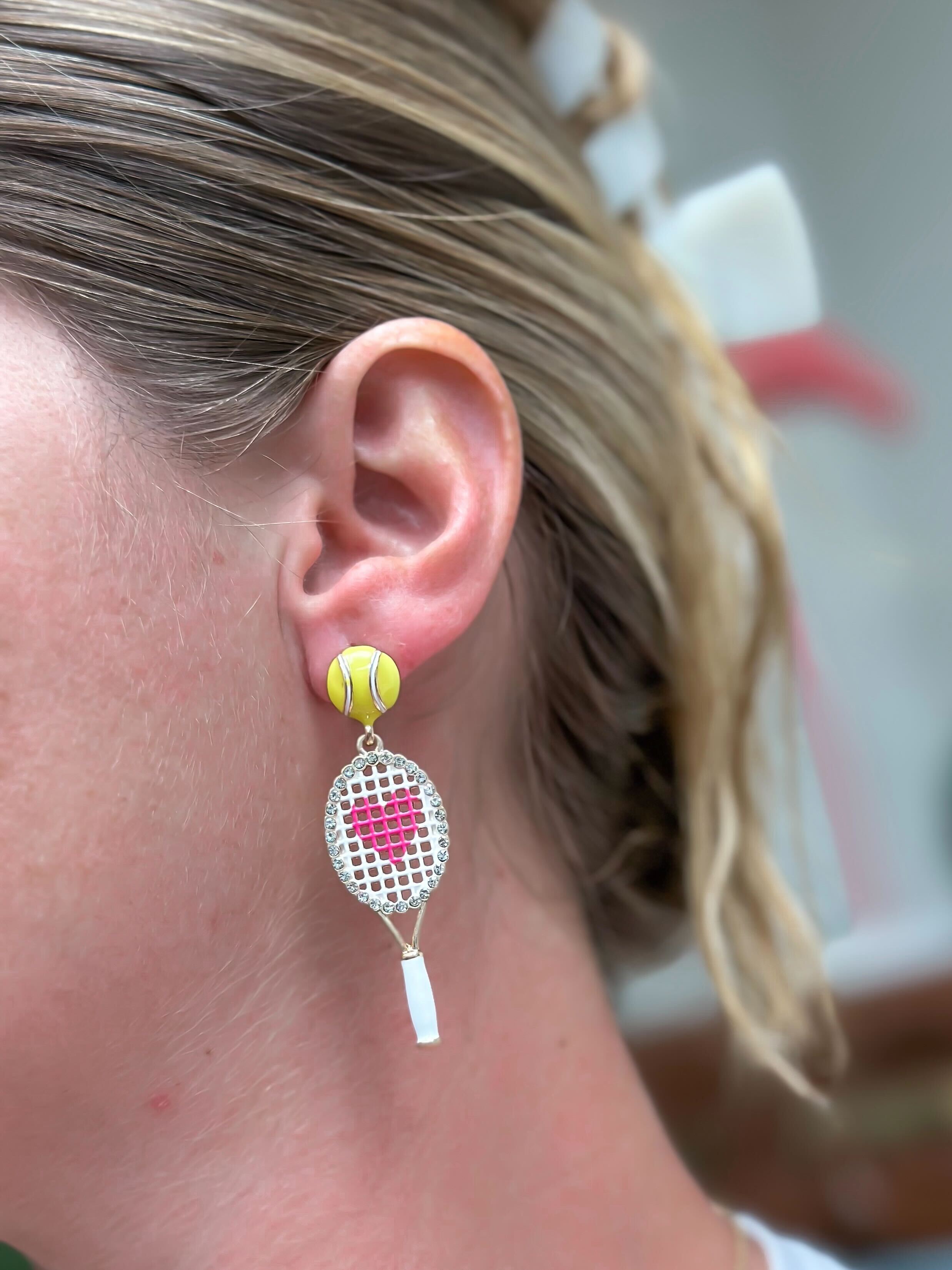 Pink Heart Tennis Racket Dangle Earrings