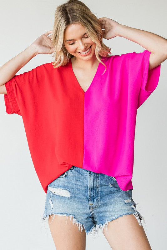 Duo-tone Colorblock Boxy Top in Hot Pink/Red