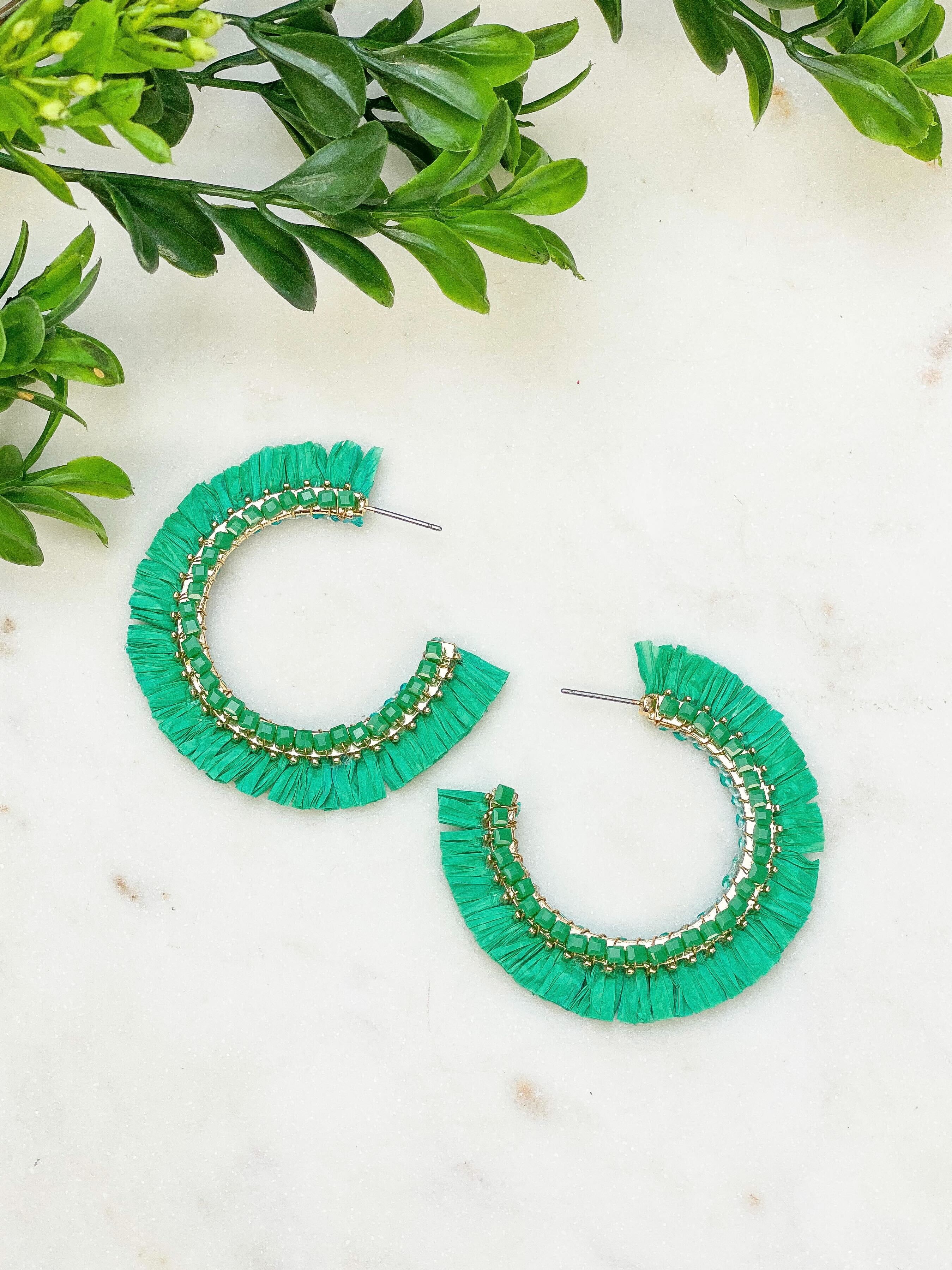 Beaded Raffia Hoop Earrings - Green