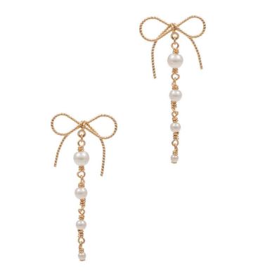 Dainty Bow & Pearl Chain Dangle Earrings - Gold