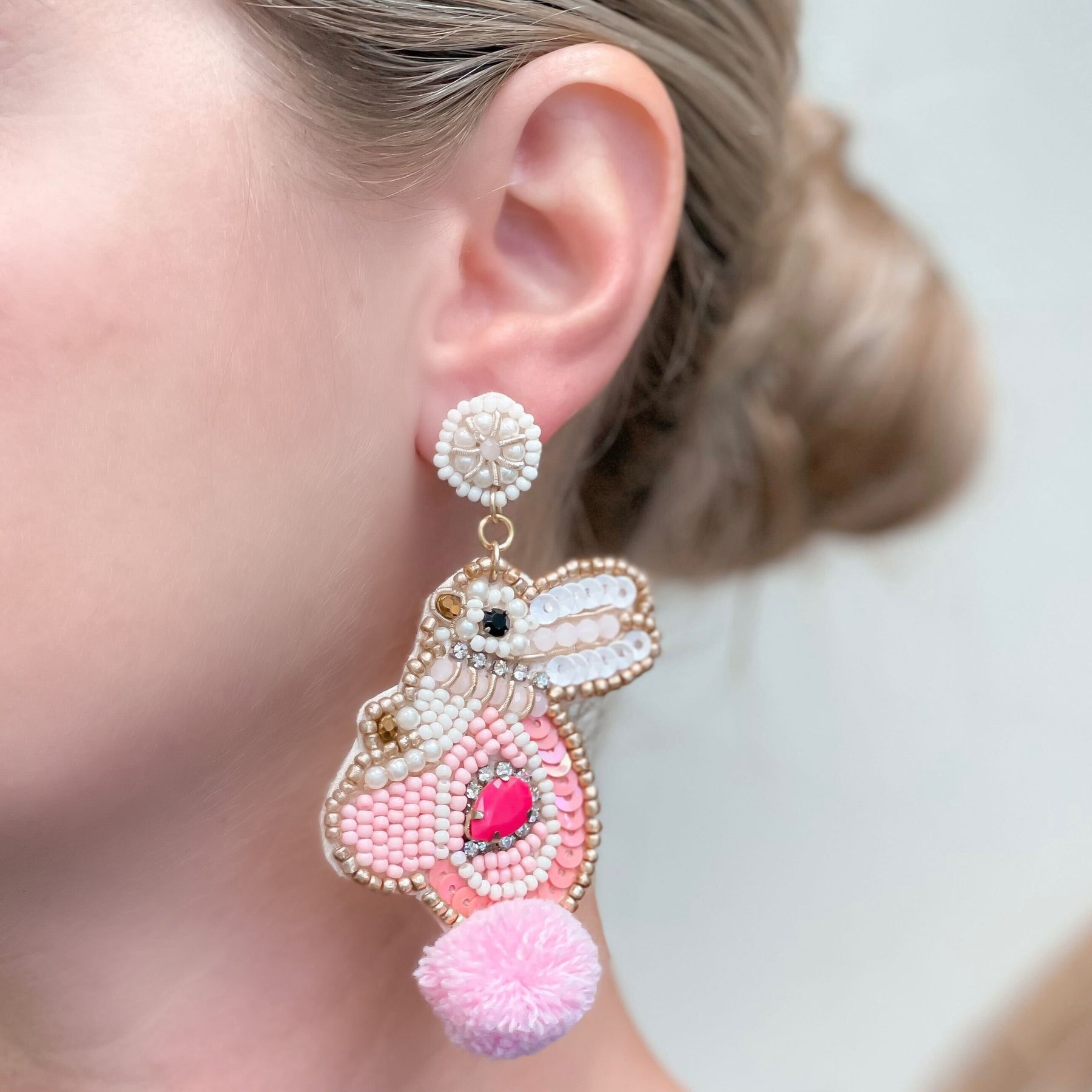 Bunny Seed Bead Dangle Earrings - Pink