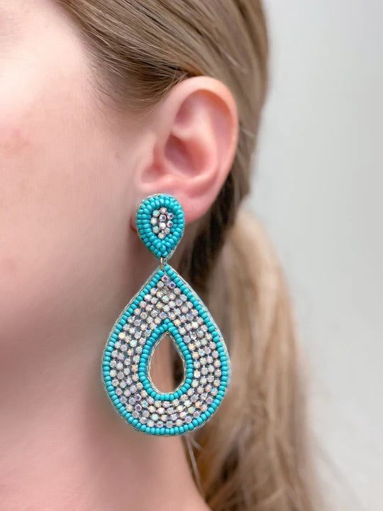 Glitzy Seed Bead Teardrop Dangle Earrings - Turquoise