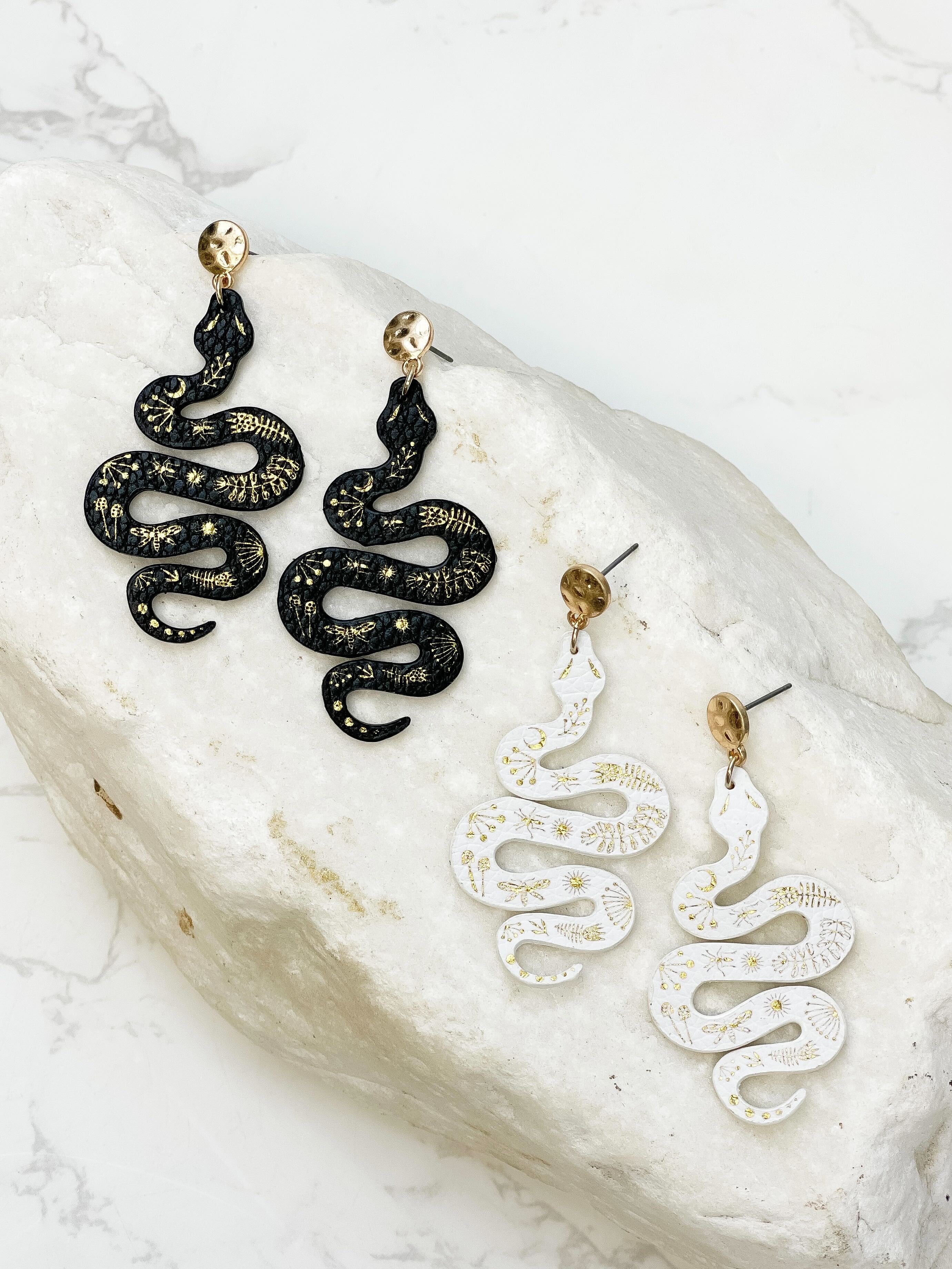 Gold & Leather Snake Drop Dangle Earrings - White