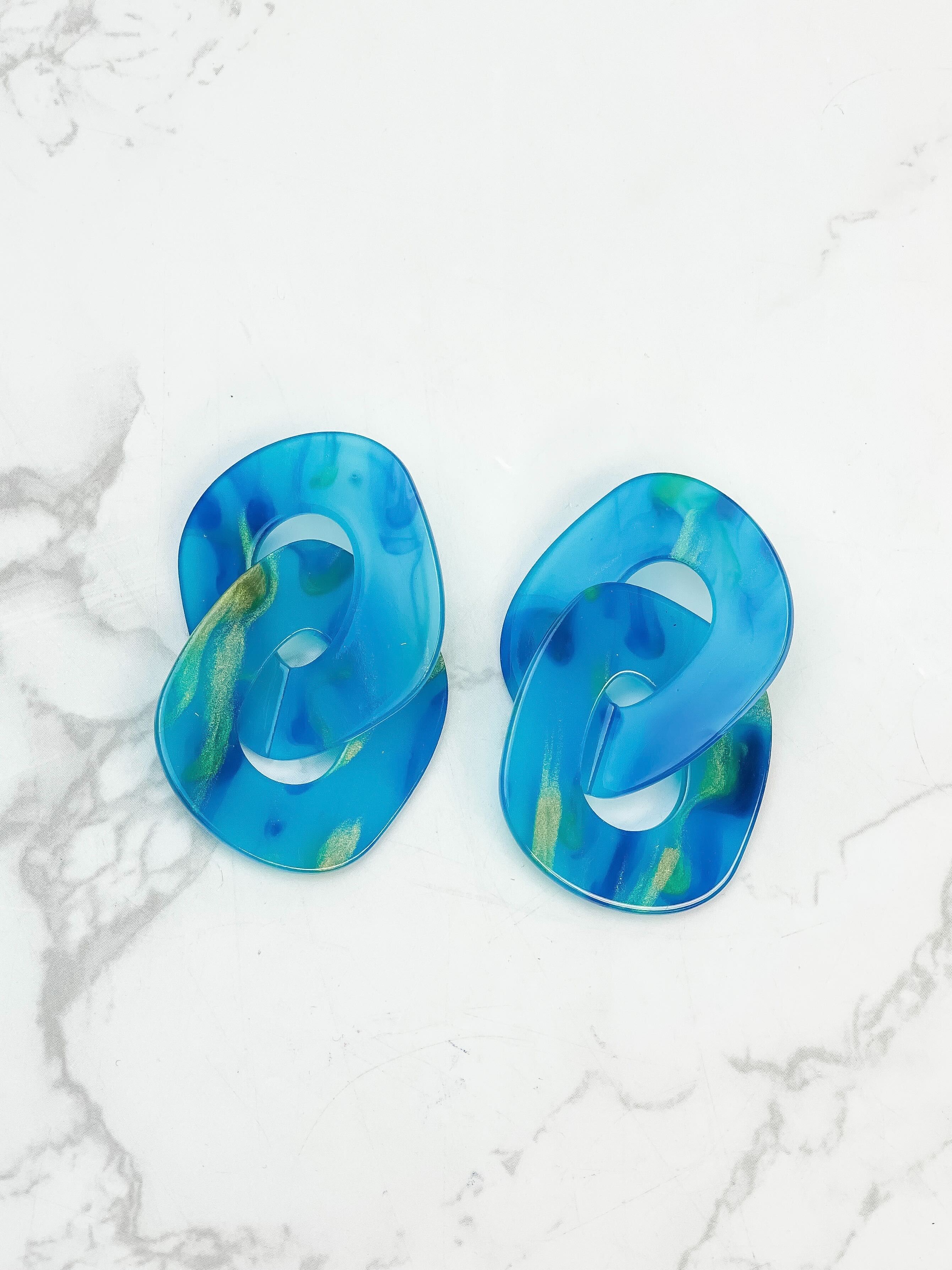 Marbled Linked Statement Dangle Earrings - Blue