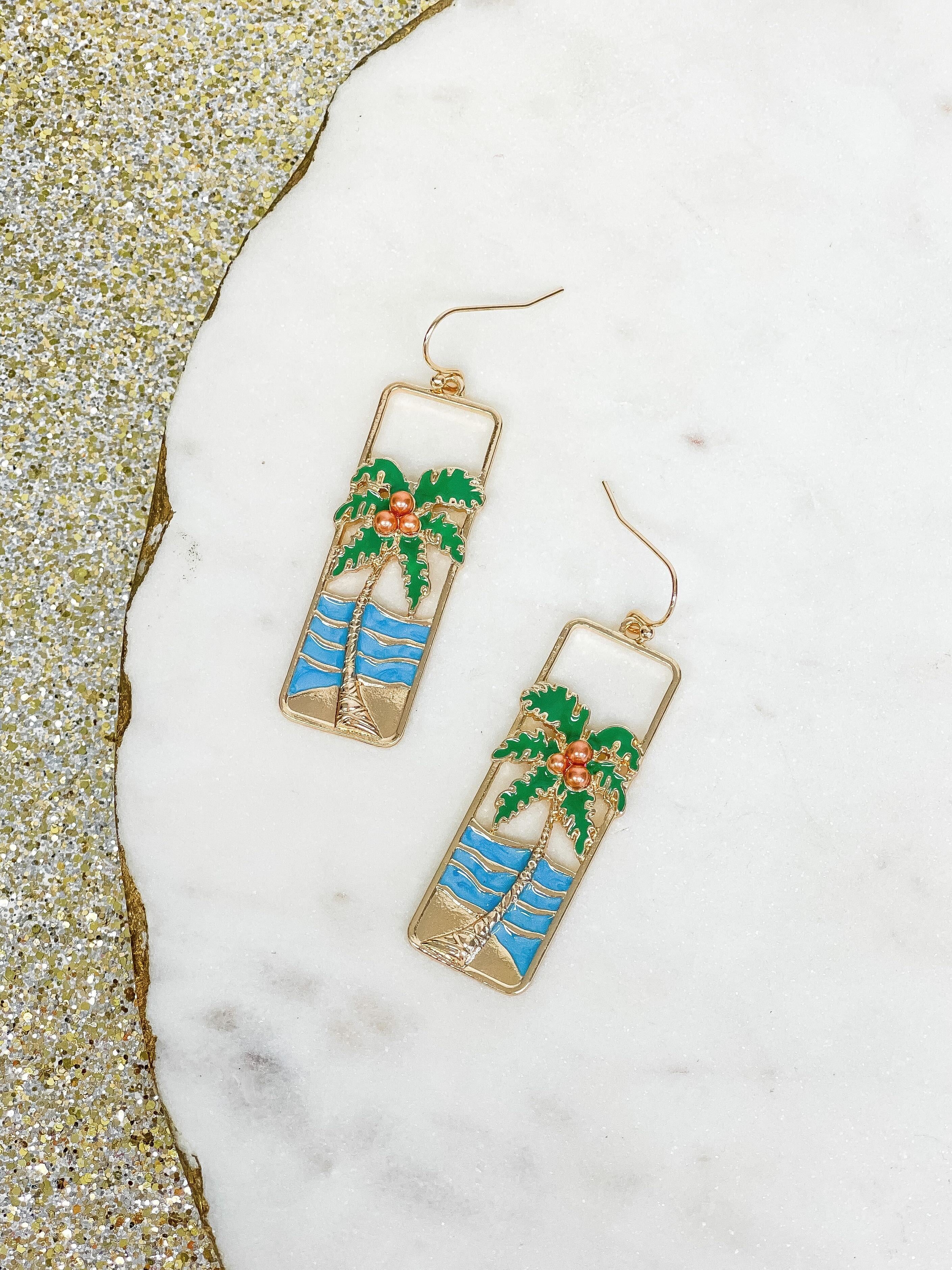 Seaside Metal & Enamel Portrait Dangle Earrings - Palm Tree