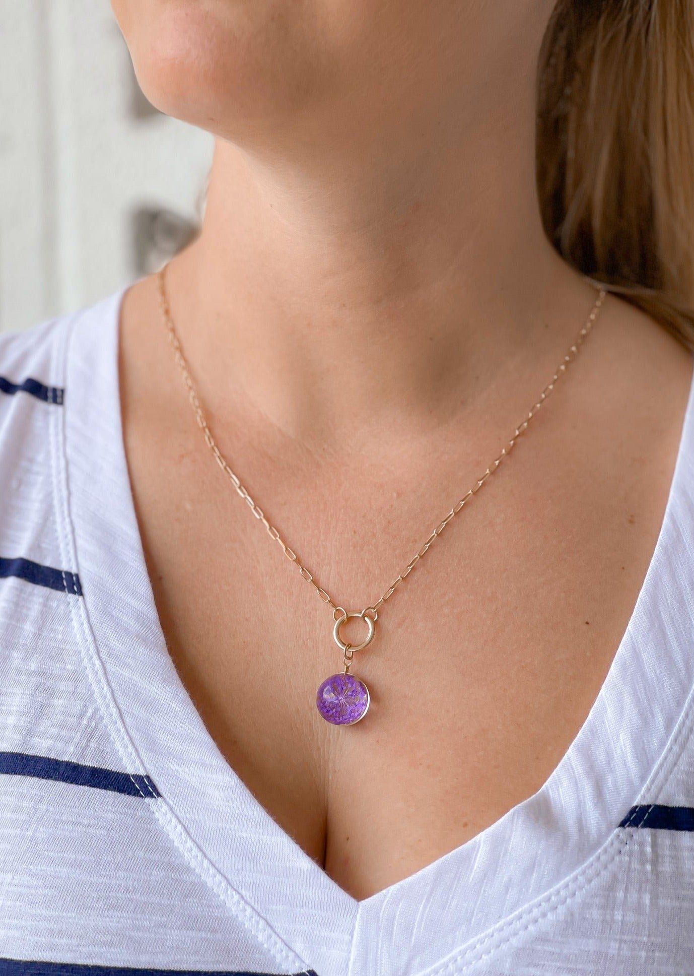 Pressed Flower Pendant Necklace - Purple