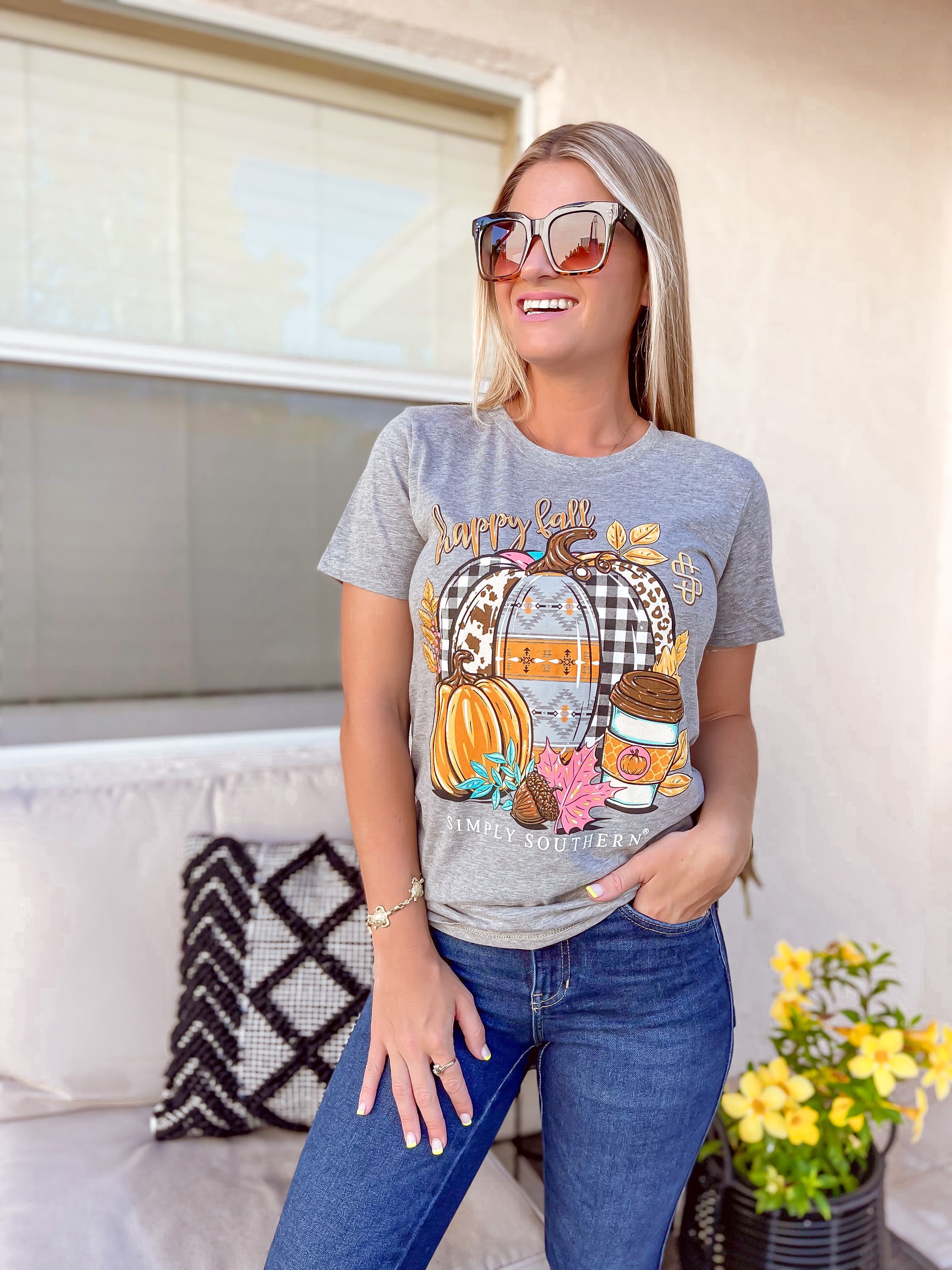'Happy Fall' Grey Short Sleeve Tee by Simply Southern