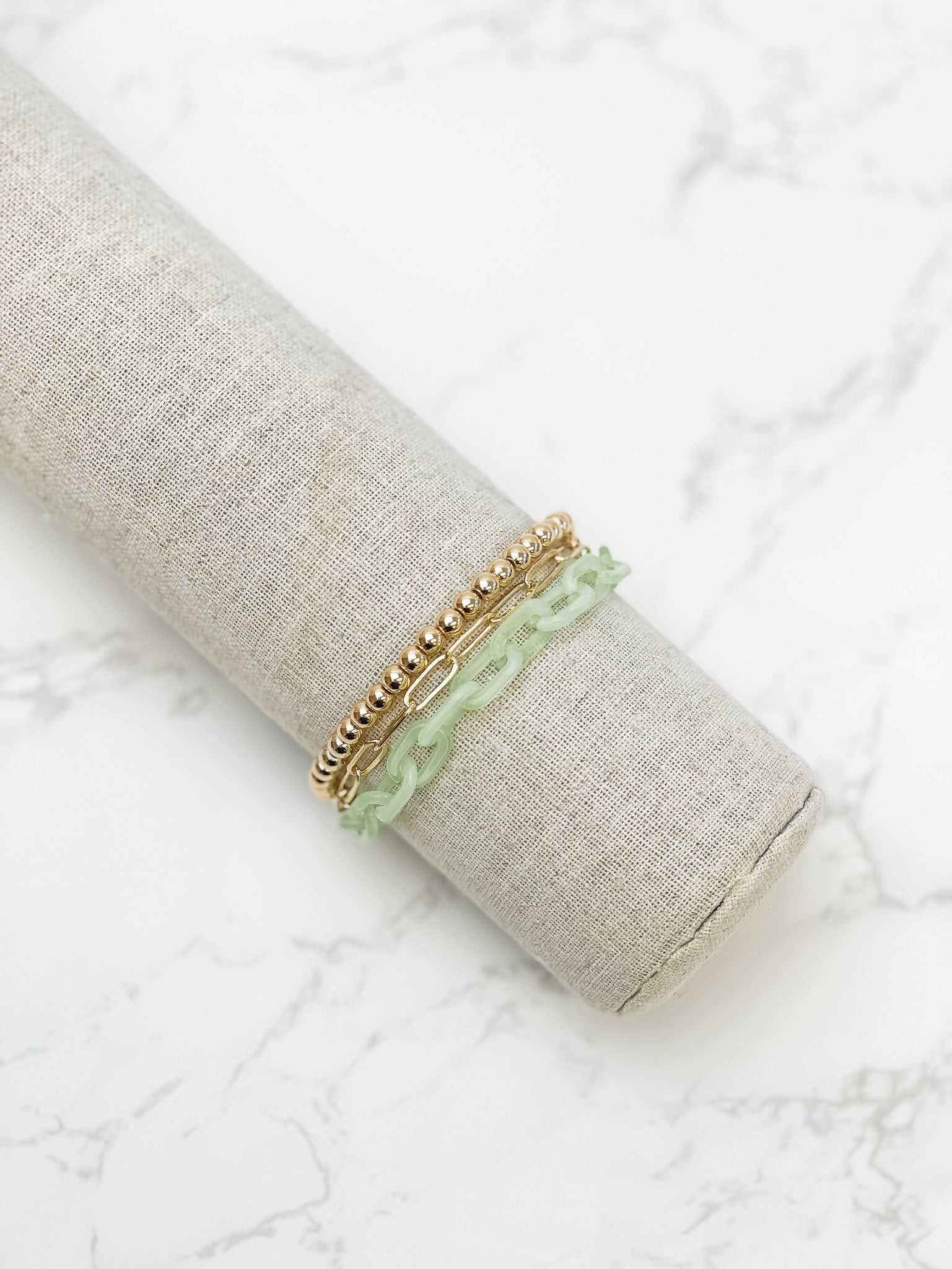 Gold Link & Chunky Chain Layer Bracelet - Green