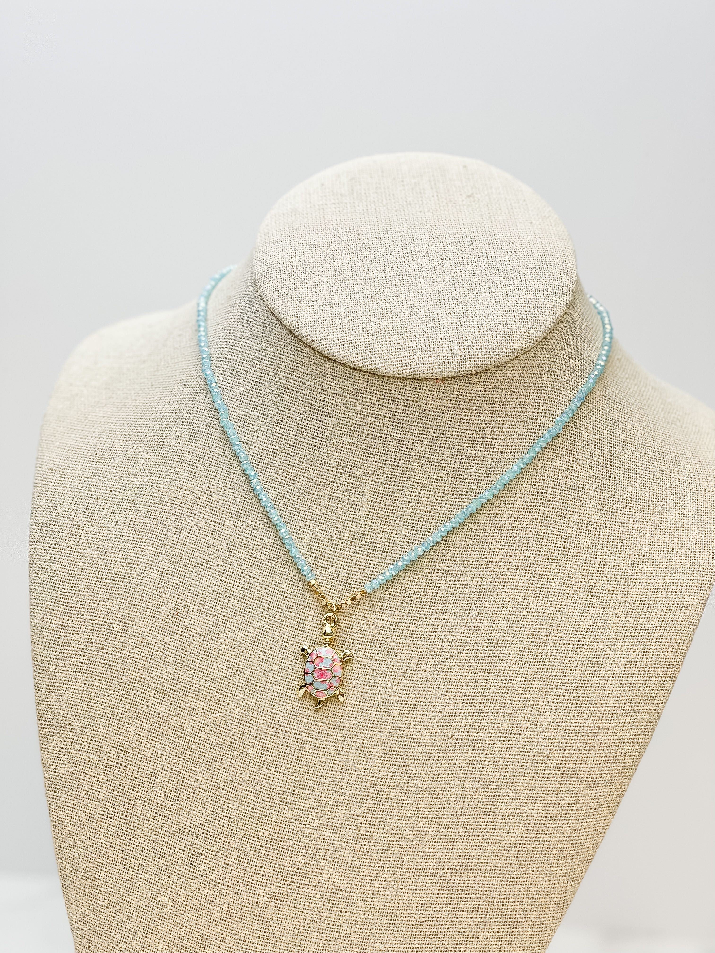 Blue Glass Bead Turtle Pendant Necklace