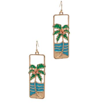 Seaside Metal & Enamel Portrait Dangle Earrings - Palm Tree