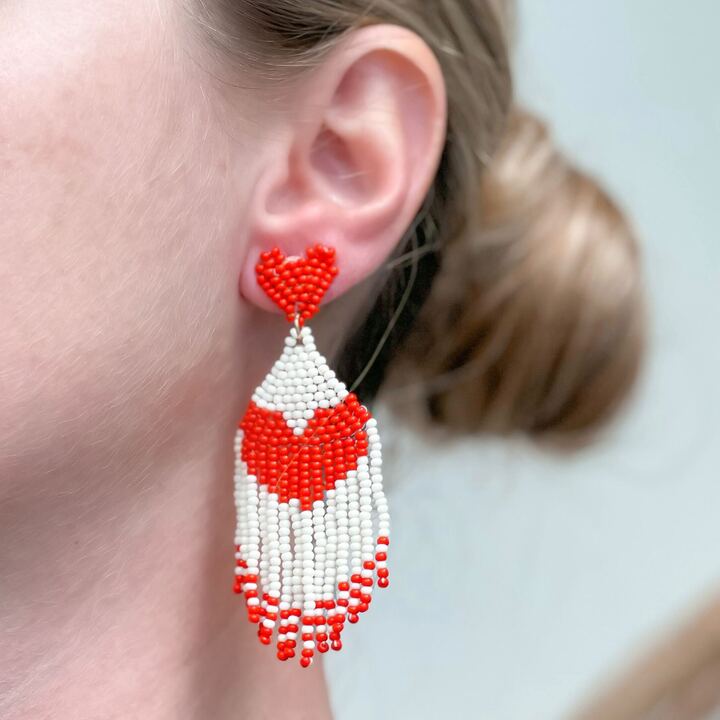 Seed Bead Tassel Heart Earrings - Red Seed Bead Tassel Heart Earrings - Red