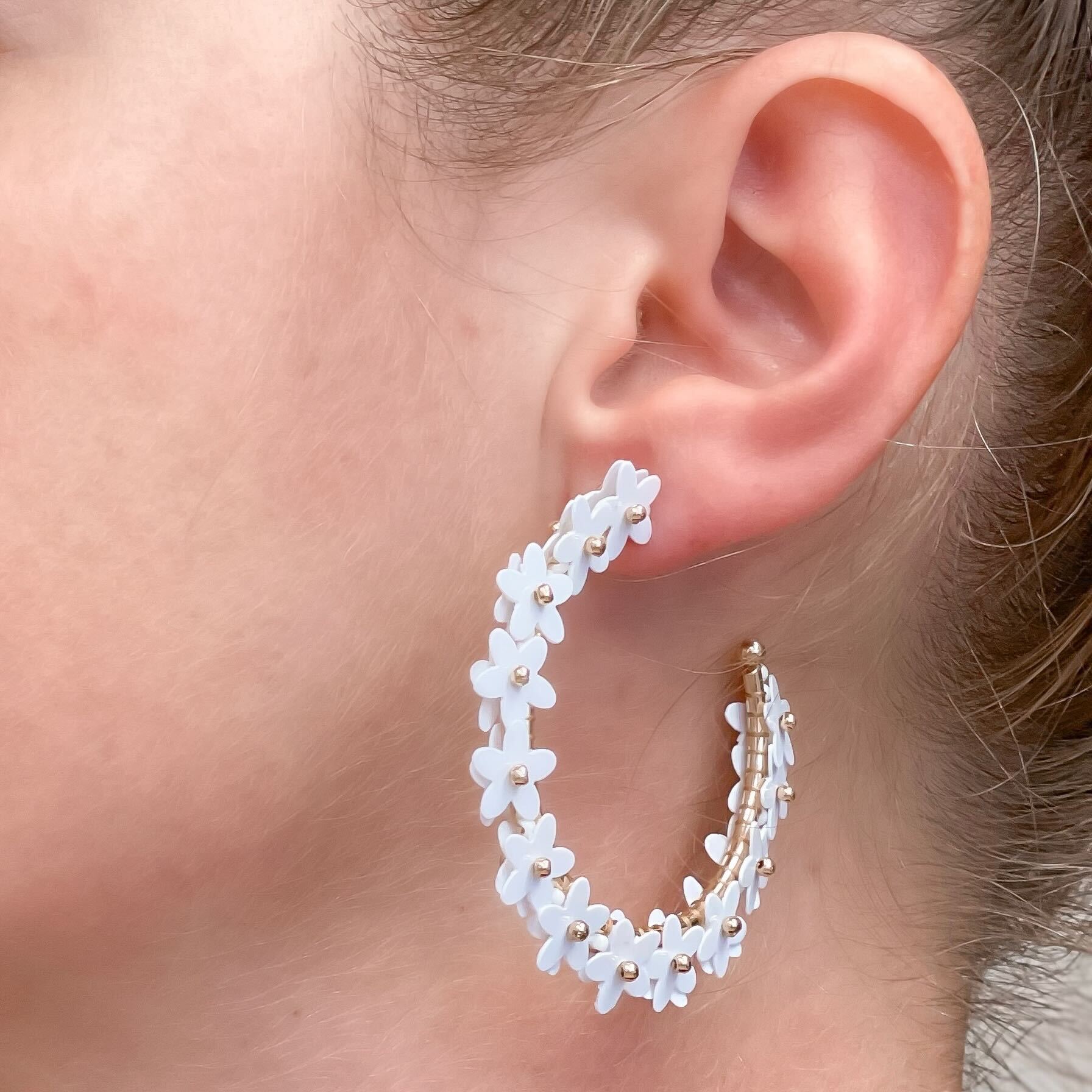 Sequin Flower Lined Hoop Earrings - White