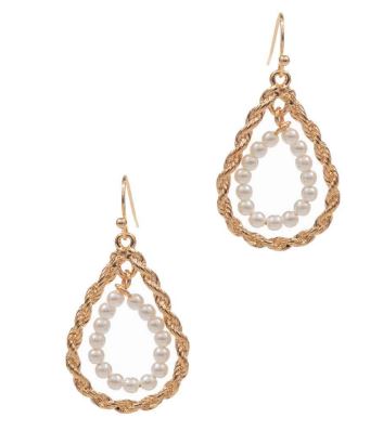 Twisted Double Teardrop Pearl Dangle Earrings - Gold