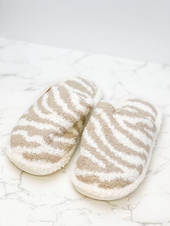 Zebra Fuzzy Slippers - Beige