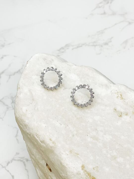 Cubic Zirconia Baguette Open Circle Stud Earrings - Silver