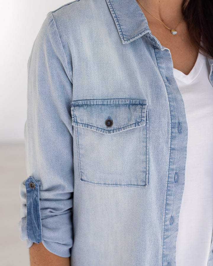Lightwash Stretch Chambray Button Up by Grace and Lace (Ships in 1-2 Weeks)
