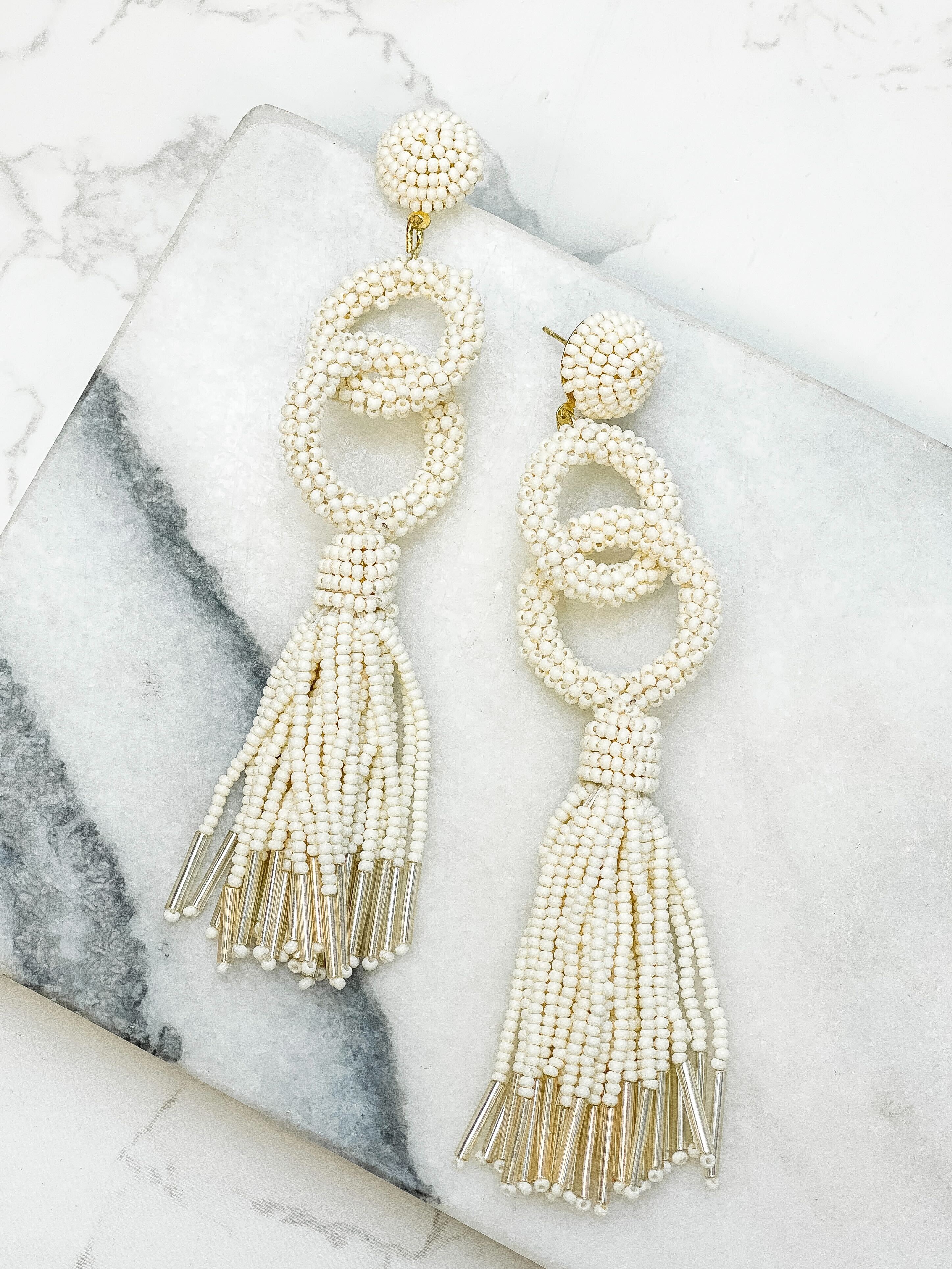 Seed Bead Linked Tassel Earrings White – Prep Obsessed