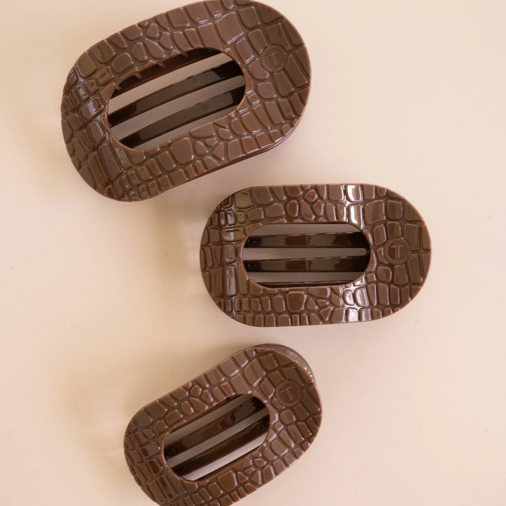 Small Teleties Flat Oval Clip - Brown Crocodile