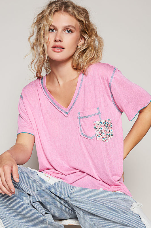 Double Patch Pocket V-Neck Tee by POL - Candy Pink