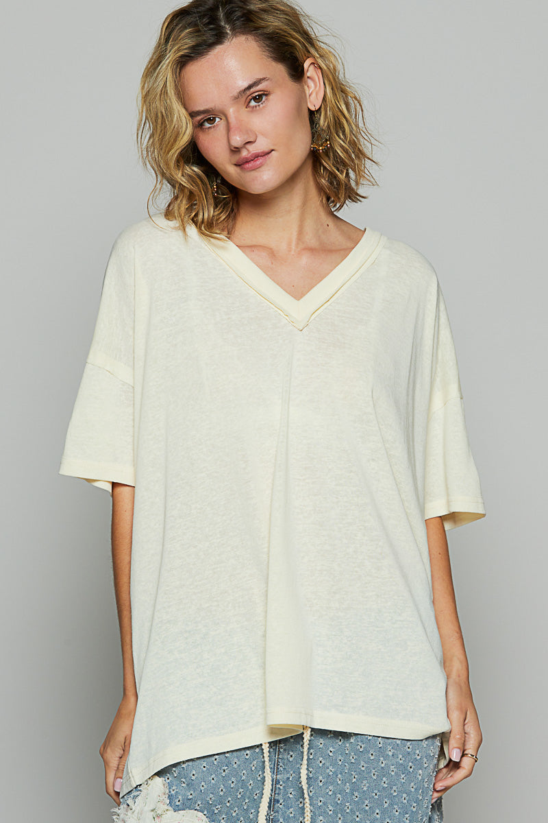 Drop Shoulder V-Neck Basic Tee by POL - Custard