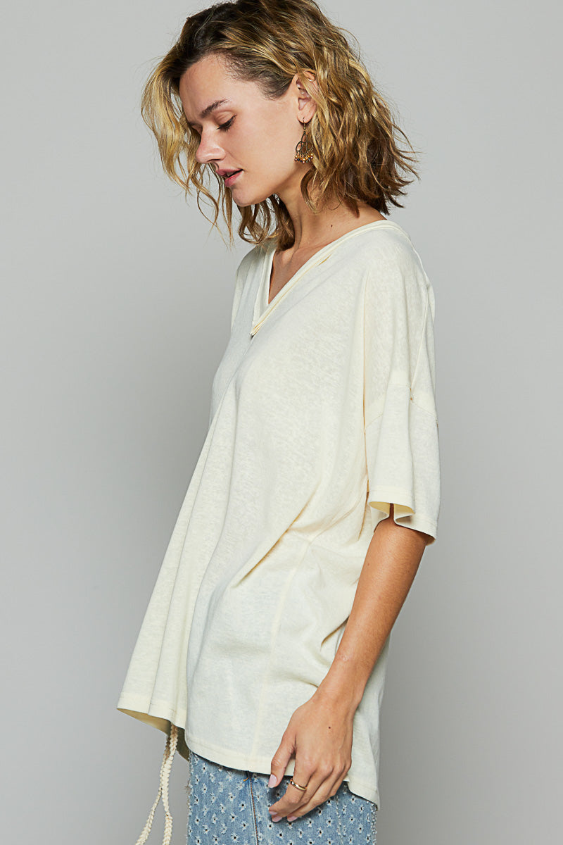 Drop Shoulder V-Neck Basic Tee by POL - Custard