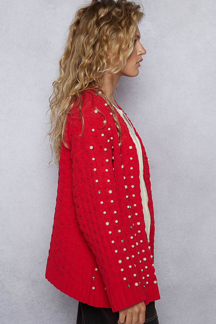 Pearl Chenille Open Cardigan - Cherry Red by POL